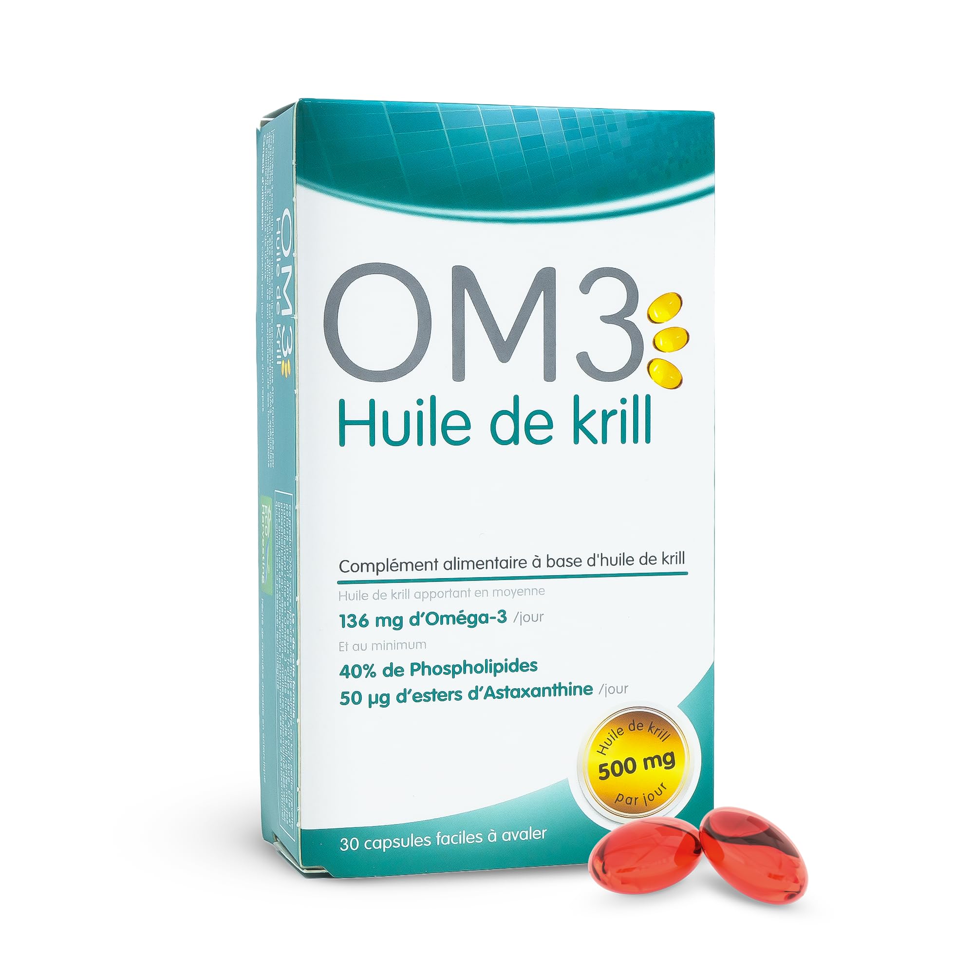 OM3 - Huile de Krill - Riche en Oméga-3, Phospholipides et Esters d’Astaxanthine -Pêche de manière durable en Antarctique - 30 capsules