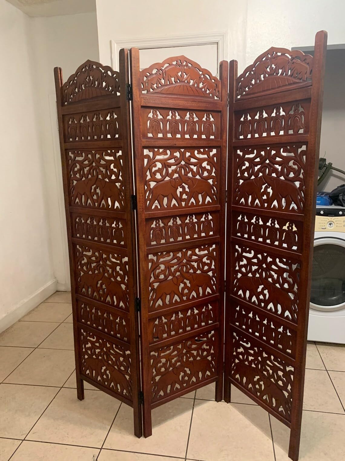 Home & Goods International Wooden Room Divider Partition - Foldable Wood Screen Separator for Living Room, Bedroom, Office, Restaurant - Elephant Carving (3 Panel Brown)