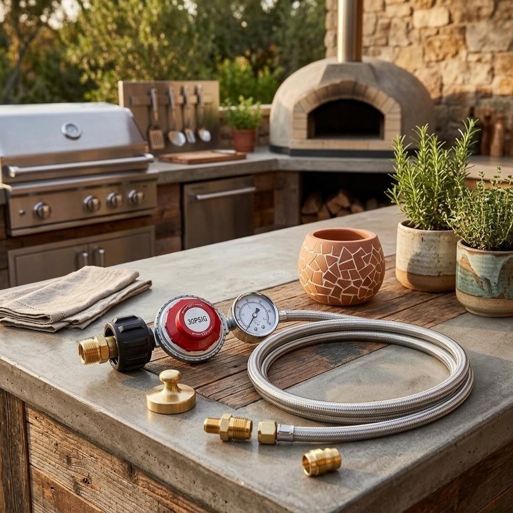 Regolatore Propano Regolabile con Manometro e Tubo per intrecciato 5FT per Grill BBQ per campeggio Stufa Gas per qcc1(12FT)