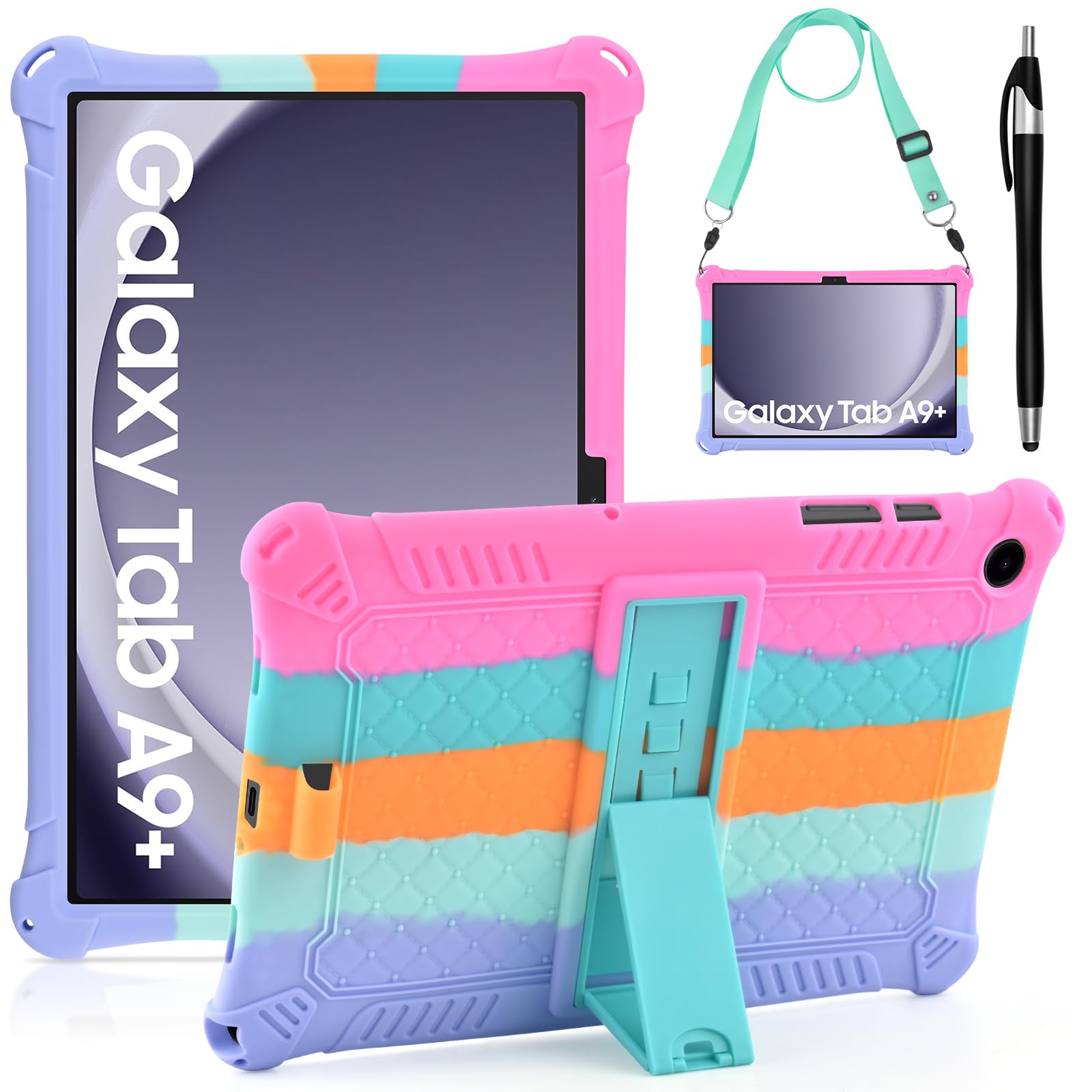 DETUOSICompatible with Samsung Galaxy Tab A9 Plus Case 11 inch 2023, with Shoulder Strap & Stylus Pen, Soft Silicone Multi-Angle Case for Galaxy Tab A9+ Tablet SM-X210/X216/X218, Dazzling Pink