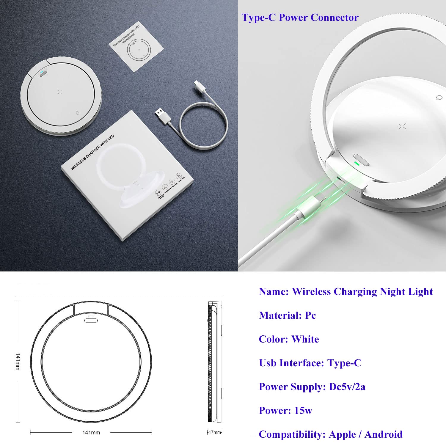 Luce notturna per bambini, Luce notturna ricaricabile senza fili Regalo di compleanno per ragazze ragazzi, Luce notturna in plastica Supporto per telefono portatile per bambini camera da letto