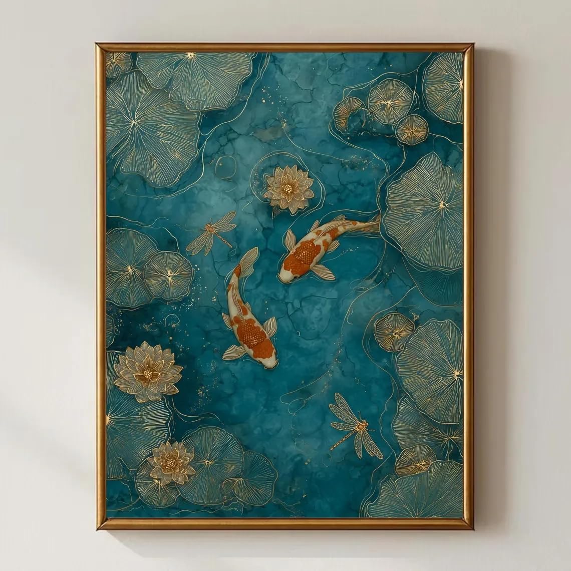 SDVIB Koi Fish Wall Art – Emerald Green Pond Decor, Asian Zen Painting, Gold Lotus, Dragonflies, Serene Japanese Print(60x80cm/Frameless)