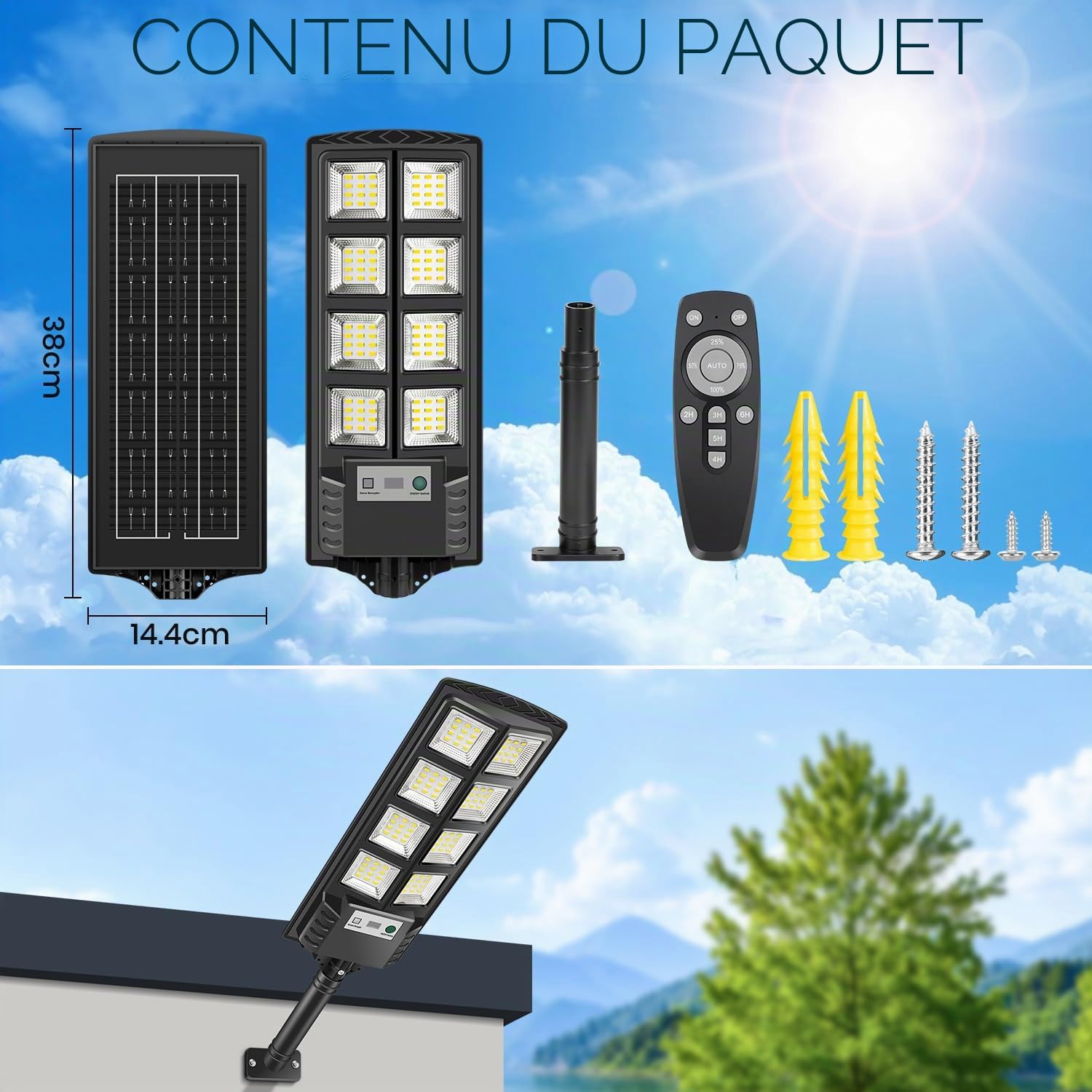 Lampadaire Solaire Extérieur LED 6000K avec Panneau Solaire et Détecteur de Mouvement, IP66 Étanche Lampe Lampadaire de Jardin Spot Solaire Projecteur avec Télécommande pour Cours Garage(4)