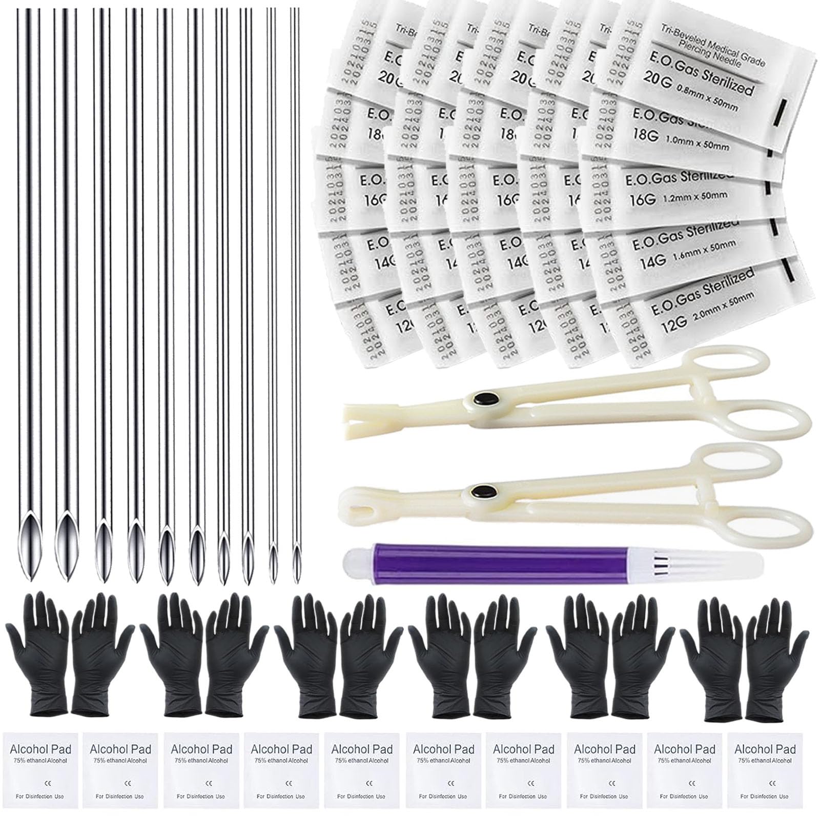 Piercing Kit 44pcs - Usiriy Piercing Needle Kit with 20G 18G 16G 14G 12G Piercing Body Piercing Tool Kit Needles Clamps Kit for Ear Nose Belly Button Tongue Eyebrow Piercing Supplies