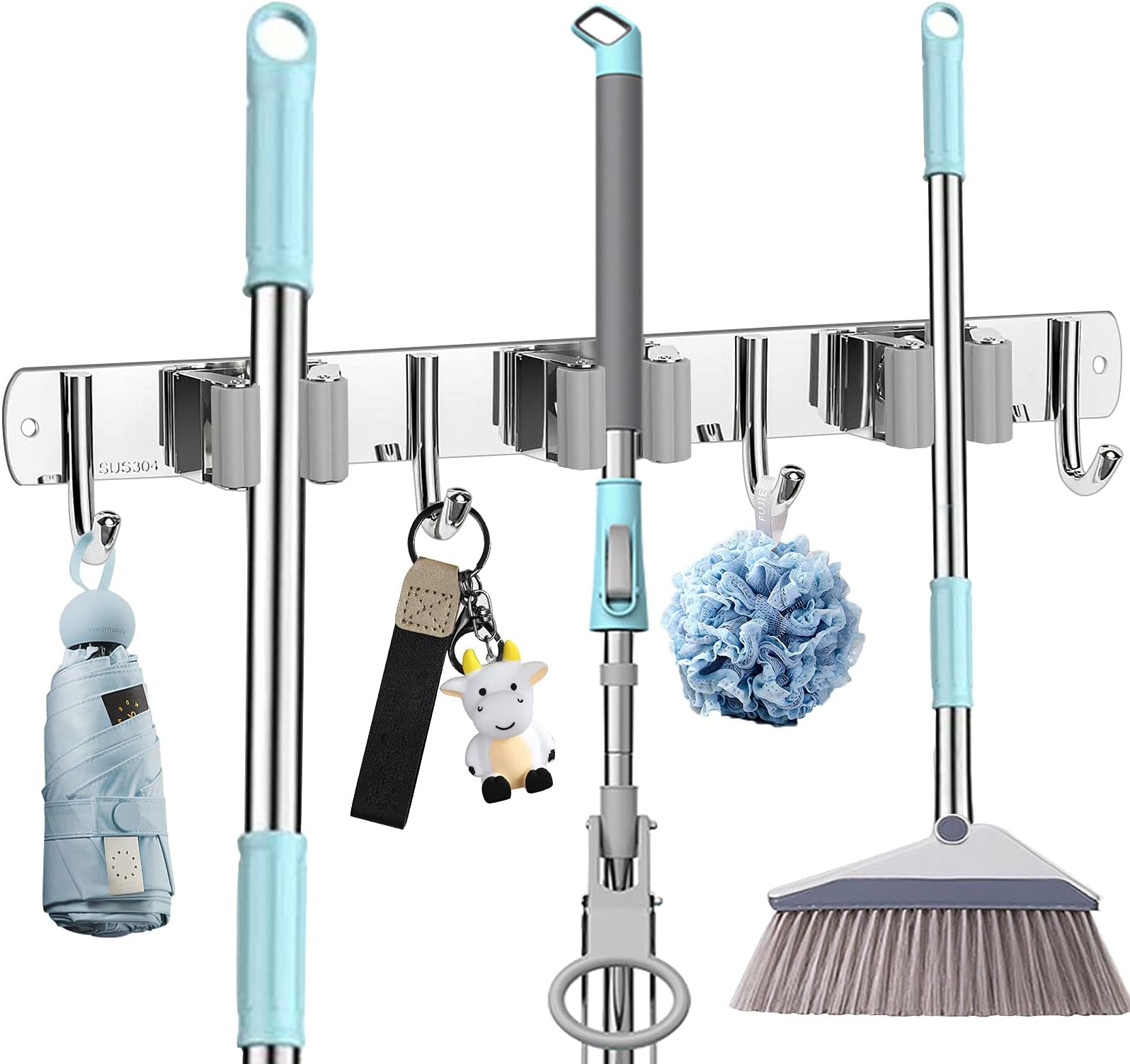 Broom Mop Holder,Stainless Steel Wall Mounted Storage Organizer Tool, Heavy Duty Garage Tools Hanger for Home Closet Kitchen Office Garden, Best Storage Tool for Family (3 Racks 4 Hooks)