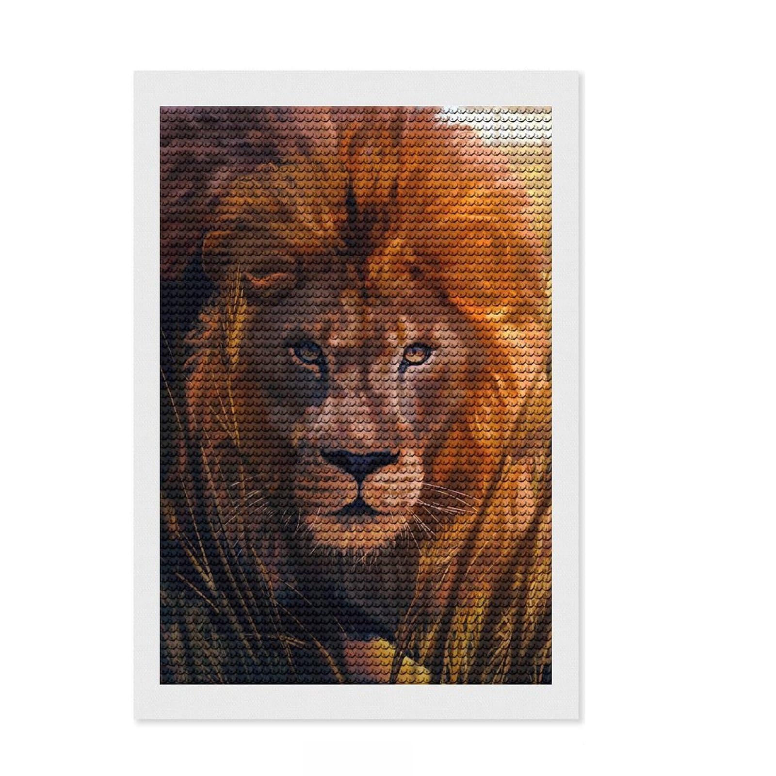 Junmoney Stalking Lion in Tall Grass Round Drill Diamond Painting 8"x12", for Creative Relaxation, Full Kit Included, Boho Decor, Gift Idea