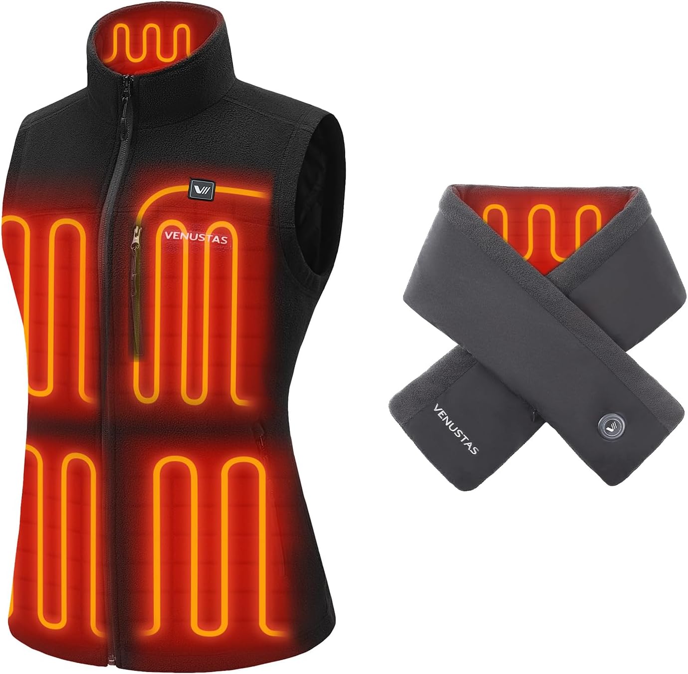 Venustas Women’s Recycled Heated Fleece Vest with Battery(Black, XX-Large) & Heated Scarf Bundle