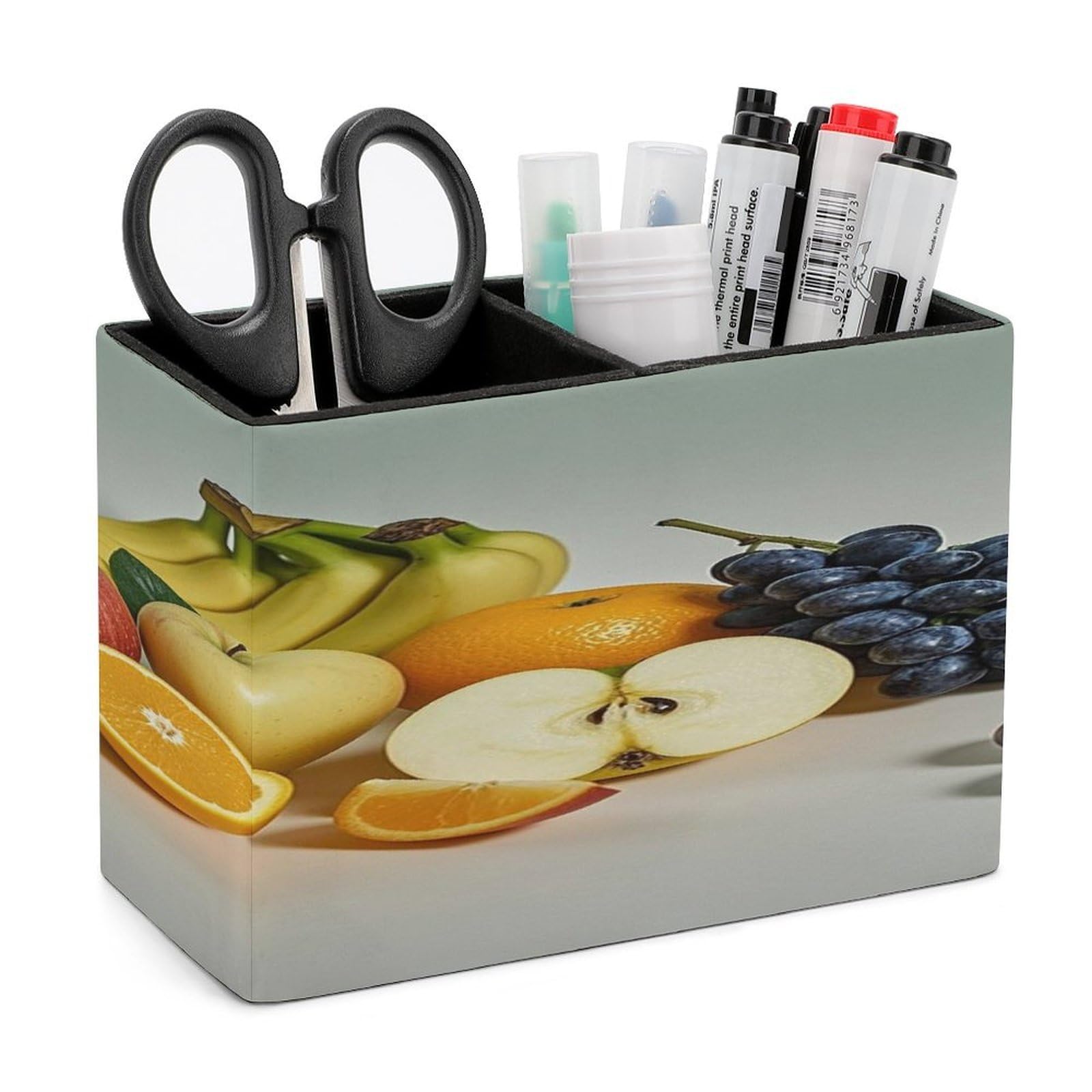 FekiLoot Fruits Pen Holders for Desk Small Remote Control Holder Leather Pencil Cup with Double Compartments Desktop Organizer for Table Desk Office Space Saving