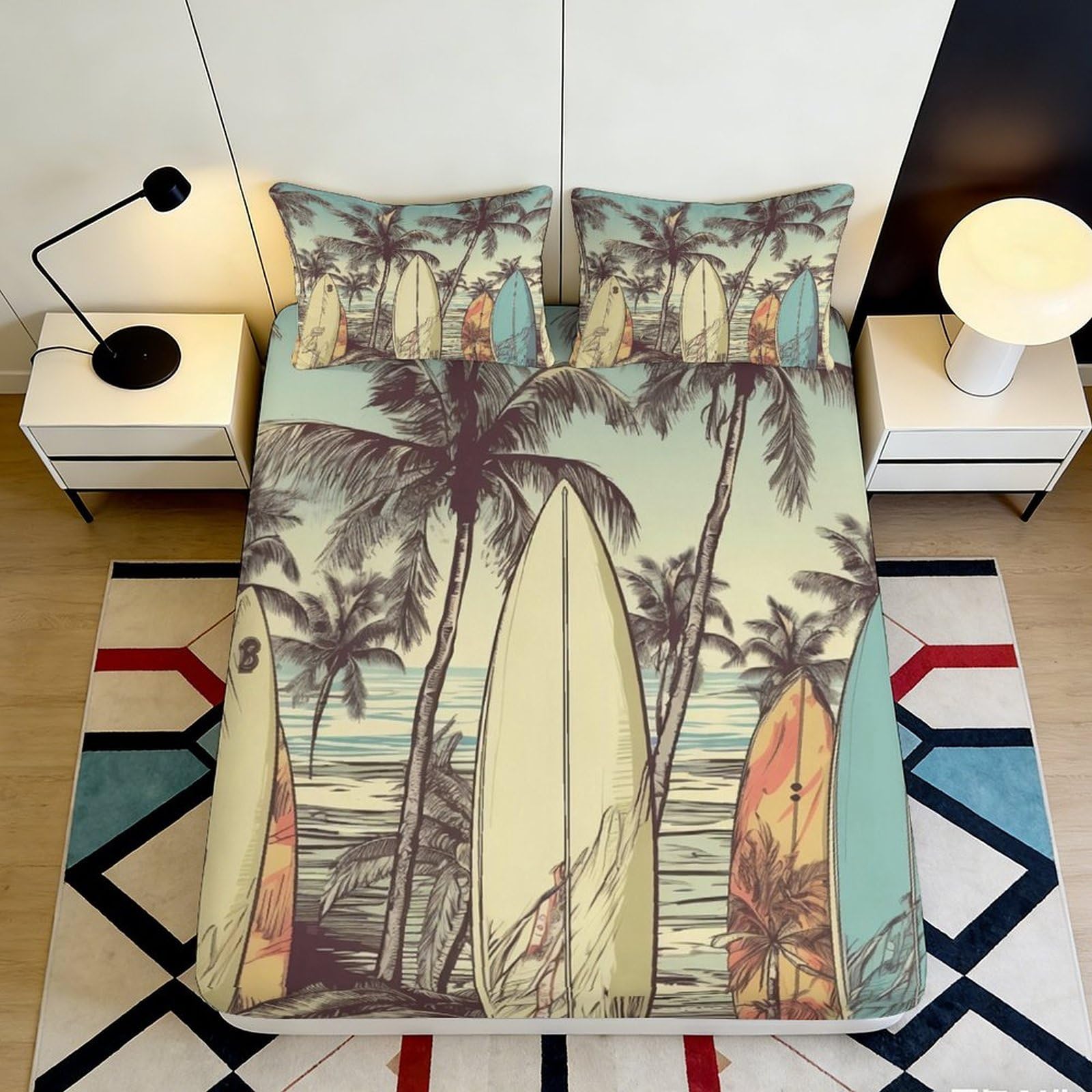 Pnayamiorkfel Style-8 3D Printed Surfboard Palm Tree Fitted Sheet Microfiber Soft Breathable Ocean Sunset Mattress Cover For Bedroom Decor 90X200x25cm