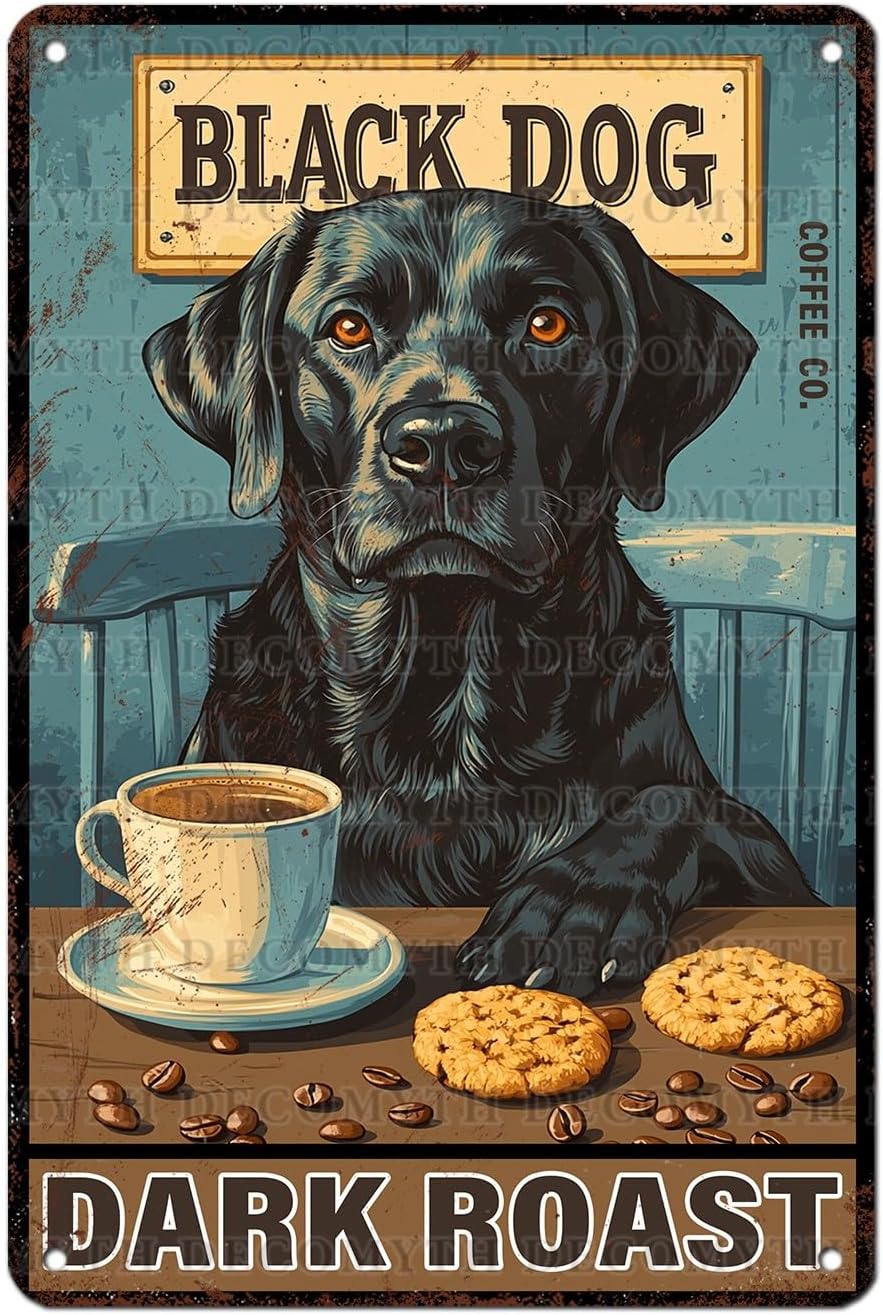 Letrero de hojalata vintage con diseño de perro negro y café tostado oscuro para cafeterías, bares, pubs, tiendas, decoración de pared, 12 x 8