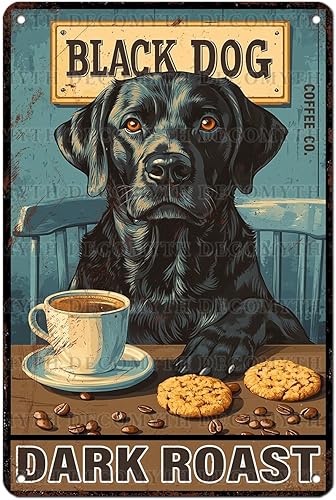 Letrero de hojalata vintage con diseño de perro negro y café tostado oscuro para cafeterías, bares, pubs, tiendas, decoración de pared, 12 x 8