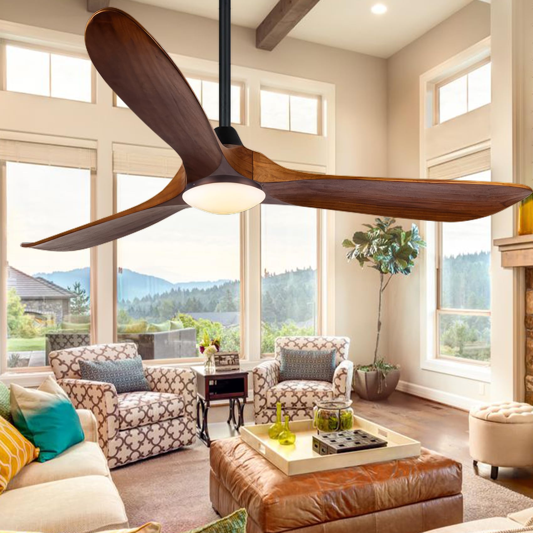 60 Inch Outdoor Ceiling Fans with Lights, Large Airflow Modern Farmhouse Ceiling Fan 3 Blades Propeller Ceiling Fan for Bedroom Kitchen Patios Porch,