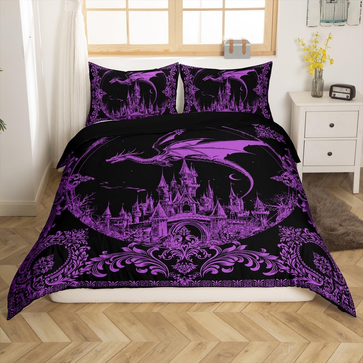 jejeloiu Fairy Dragon Bedding Set Toddler Size Kids, Vintage Damask Castle Comforter Cover Set for Boys Girls, Medieval Fantasy Dragon Purple Duvet Cover Bedspread Cover Quilt Cover,No Stuffing