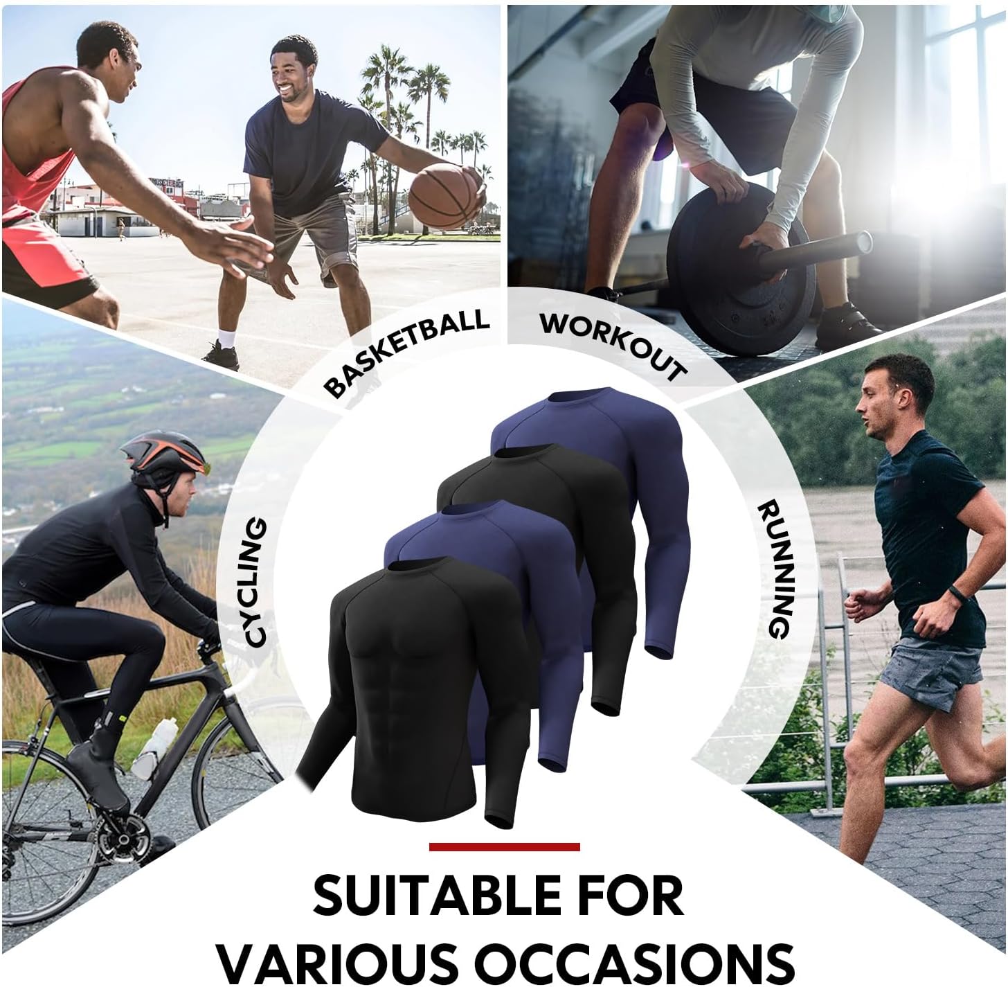 CL convallaria 4 Pack Compression Shirts Men Long Short Sleeve Cooling Dry Rash Guard Athletic Workout T Shirt for Sports