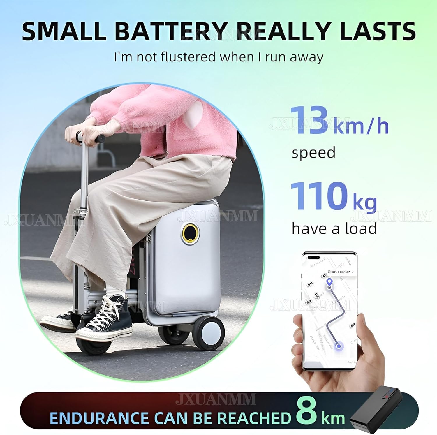 Electric Rideable Suitcase, 20'' Ride on Scooter Luggage for Adults, with Removable Battery, USB Charging expandable Carry on Luggage with Wheels, Load-Bearing Capacity 110kg Silver-with1battery