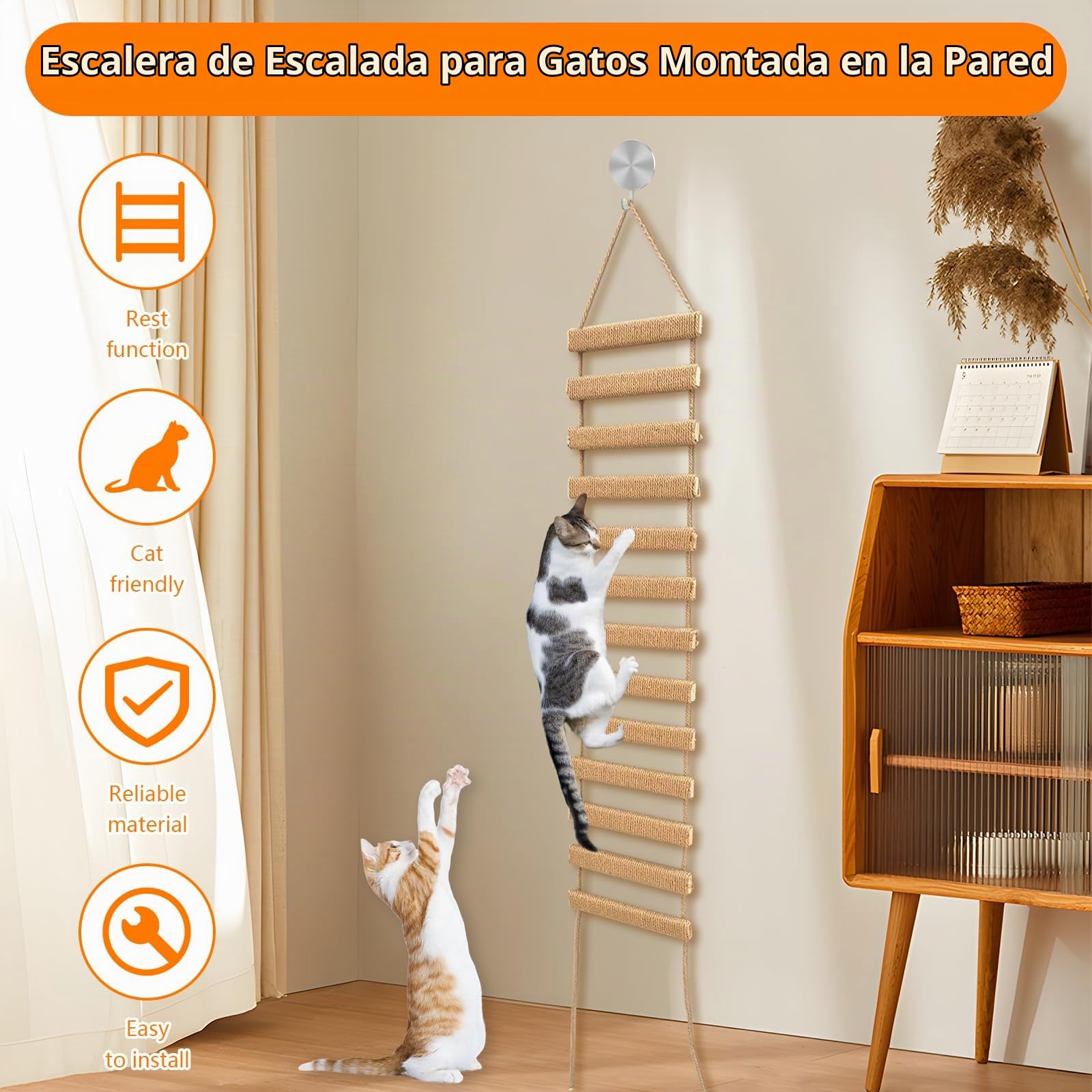 Escalera para Gatos, Escalera de Escalada para Gato Estructura para Trepar con Cuerda de Sisal para Gato Gatos Accesorios Puente de Pared para Gatito Muebles para Mascotas (Caqui, 150 cm, 1)