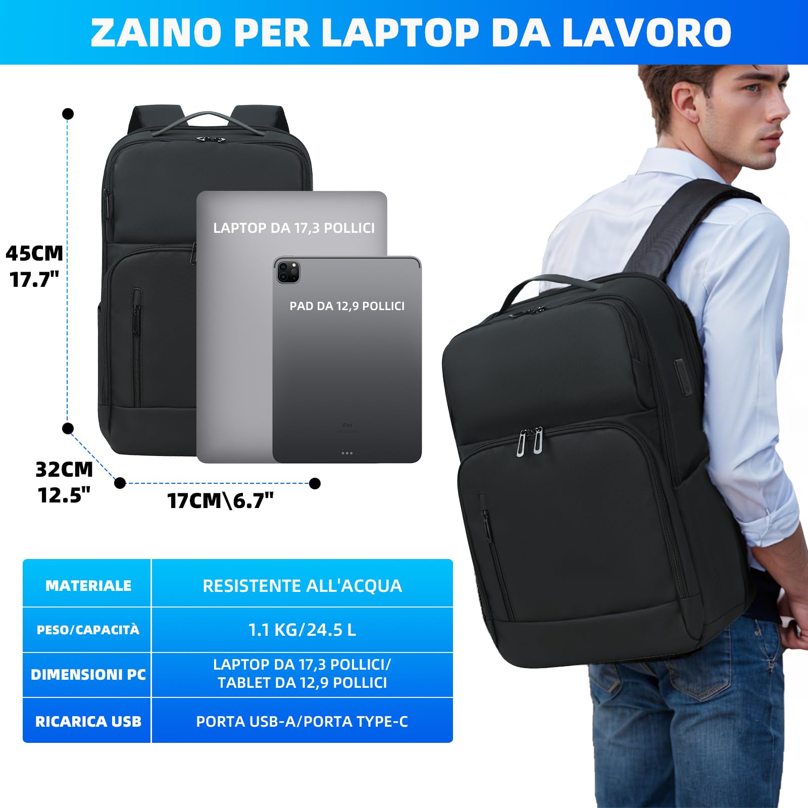 KINGSLONG Zaino per computer portatile da 17 pollici: zaino impermeabile per uomo/donna con porta USB per viaggiare