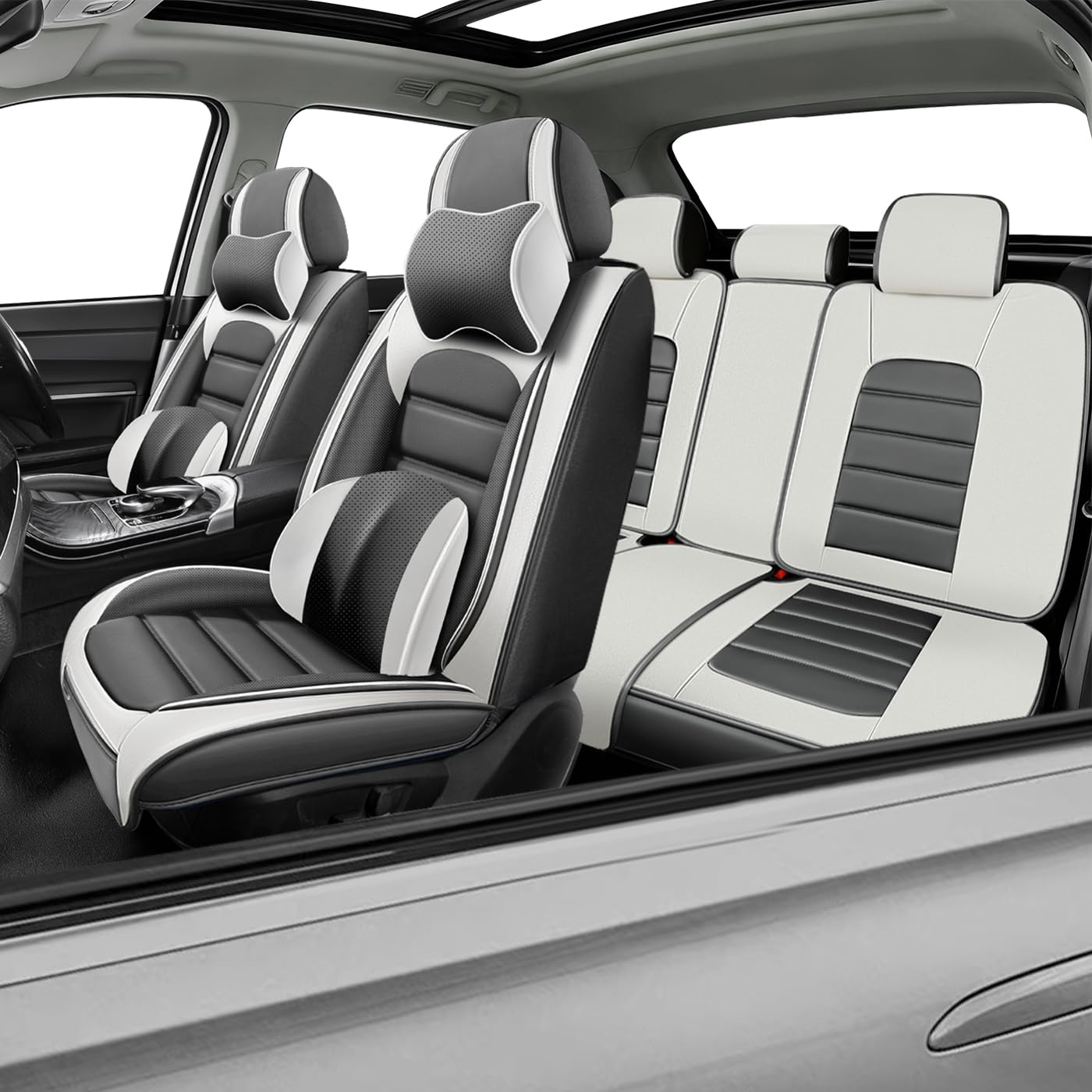 Car Seat Covers for X2,for BMW X2 2018-2025 2026,Waterproof Leather Seat Covers,Compatible Airbag,Full Set Comfort Car Seat Protectors for Most Cars(Pillows,Gray&amp;White)