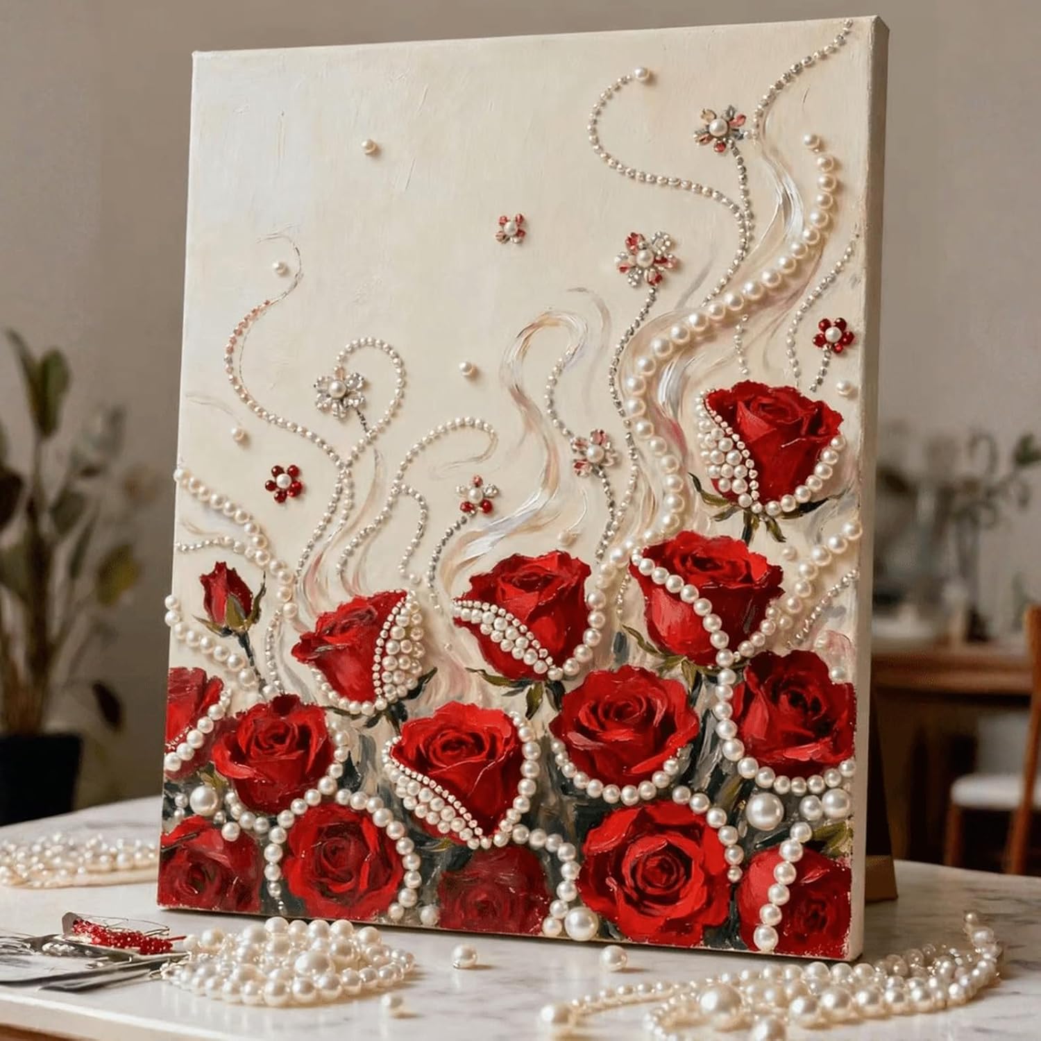 DIY Diamond Pearl Painting Kit for Adults, Flower 3D Pearl Painting Craft with Wooden Frame 40x50cm, Beginner Friendly Home Wall Decor Art, Gift for Women Men Housewarming (Red Rose)