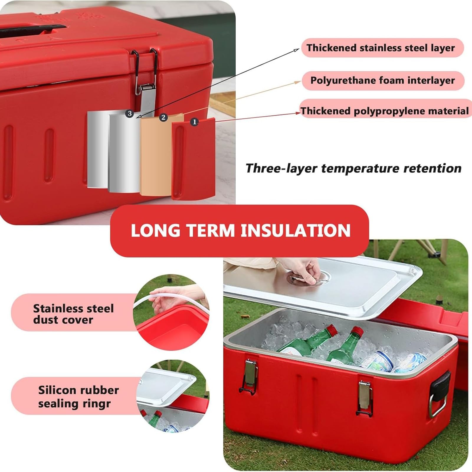 Caja de alimentos resistente aislada con sartenes de acero inoxidable, transporte de alimentos fríos y calientes, 4 hebillas y 2 asas para catering, camping
