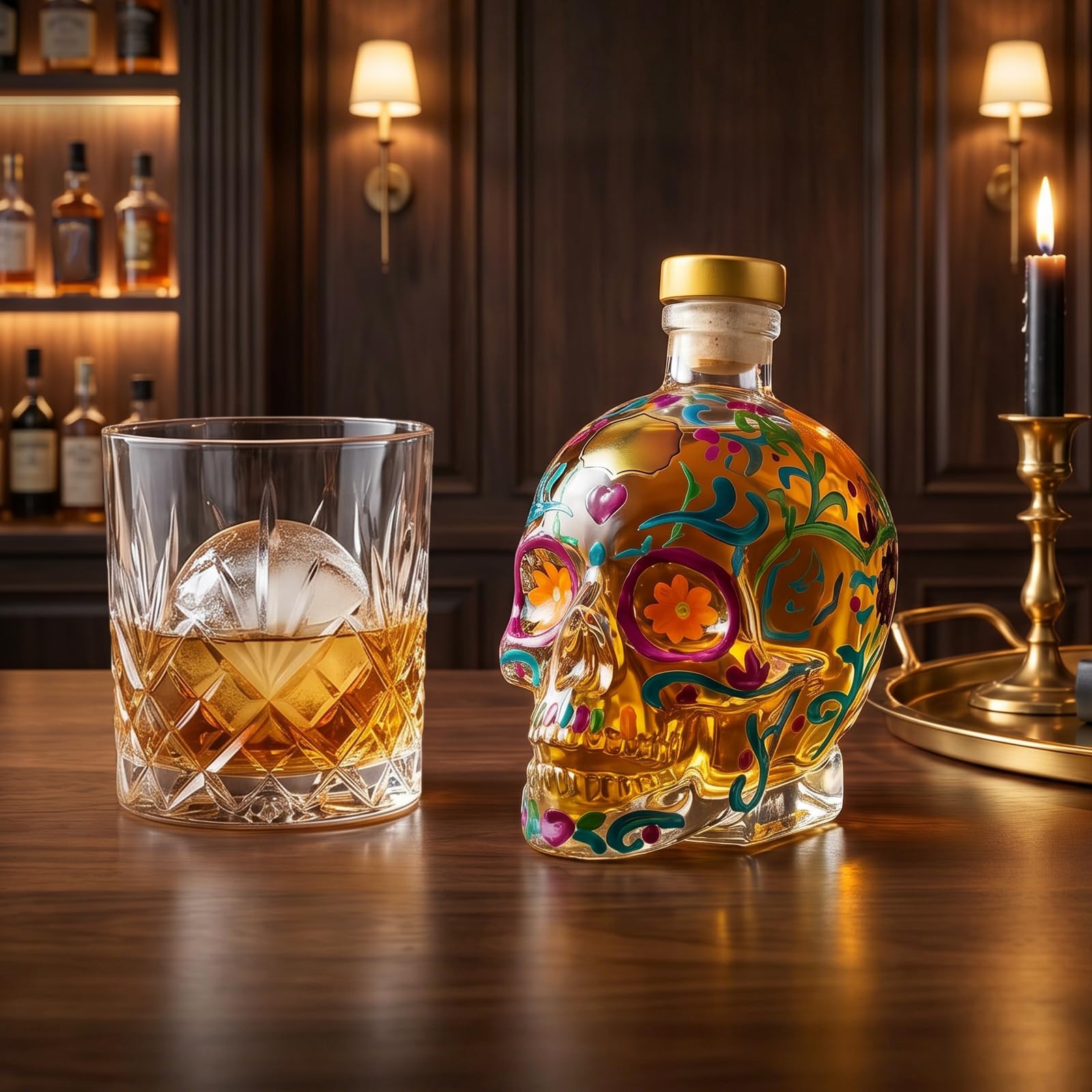 Gothic Skull Decanter Bottle - 350ml Hand-Painted Glass Skull Liquor Carafe with Colorful Floral Design, Decorative Rum Tequila Whiskey Bottle for Home Bar Decor, Halloween & Day of The Dead