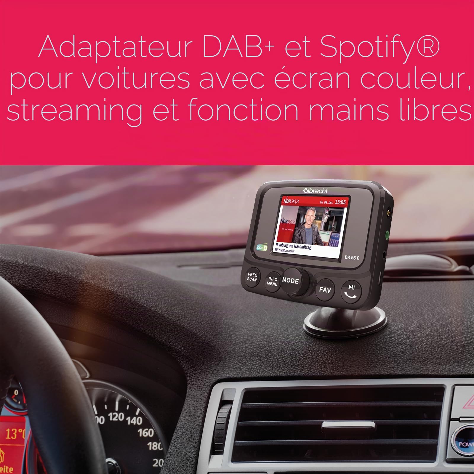 Albrecht DR 56 C 27156 - Tuner Radio numérique - Adaptateur Dab+ - Écran Couleur et Bluetooth - Transmetteur FM pour Connexion sans Fil - Accessoires de Voiture