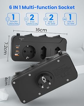 Multiple Plug for Sockets 3-Way Multiple Socket Socket Adapter Individually Switchable Double Plug for Socket USB 2 Euro 1 Schuko Protective Contact Triple Plug Plug with Switch Black