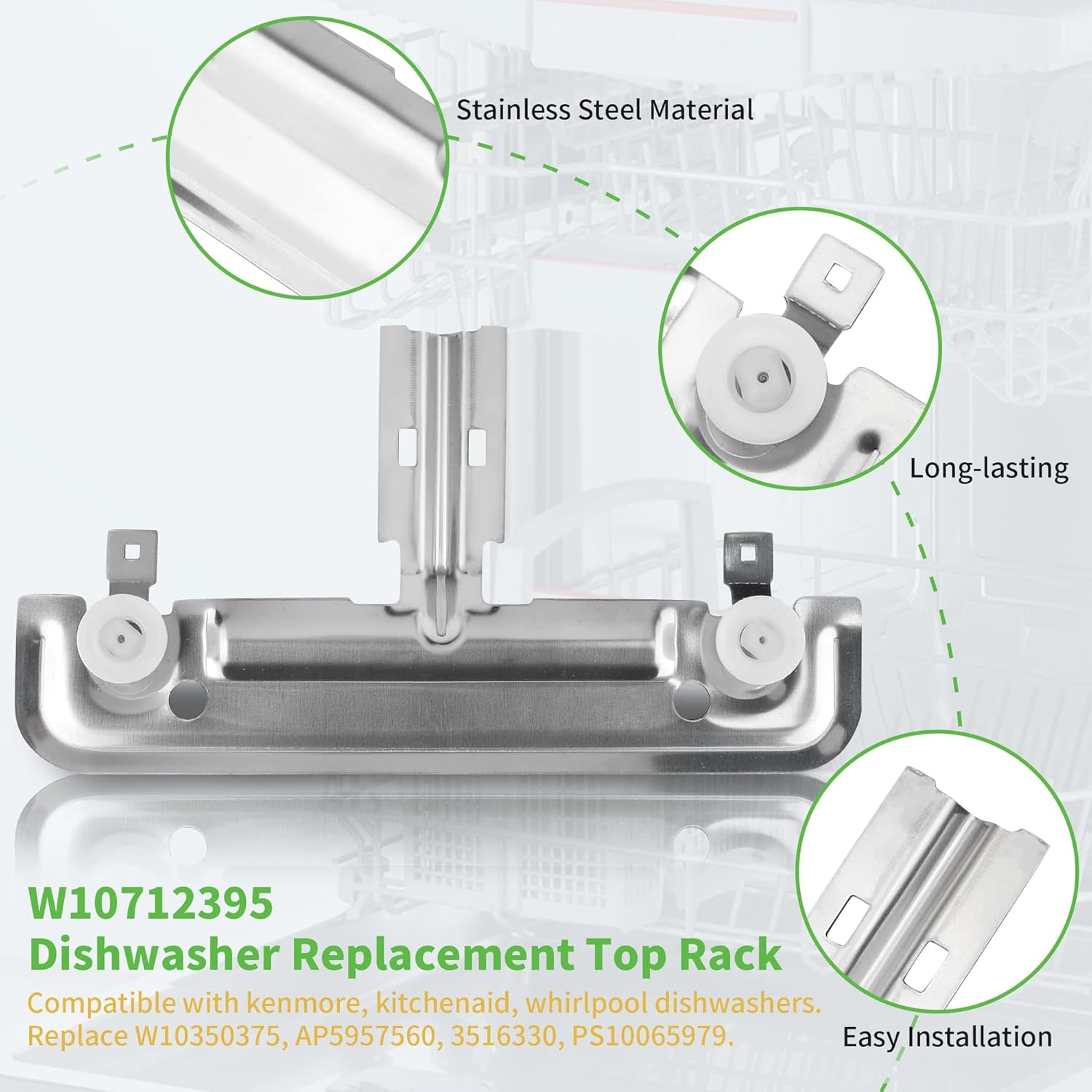 UPGRADED W10712395 Dishwasher Upper Rack Adjuster Kit - Compatible with Whirlpool Kenmore Kitchenaid Dishwasher - Replace W10350375 PS10065979 AP5957560, Fit for WDT730PAHZ0 WDT750SAHZ0 WDT970SAHZ0