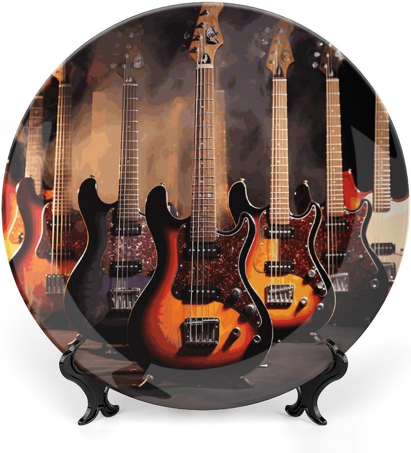 Cool Electric Guitar Ceramic Plate 10inch Decorative Bone China Wall Hanging Ornament Plates Bohemian Style Dinner Plate with Display Stand Cabinet Display Plates for Home Art Decor