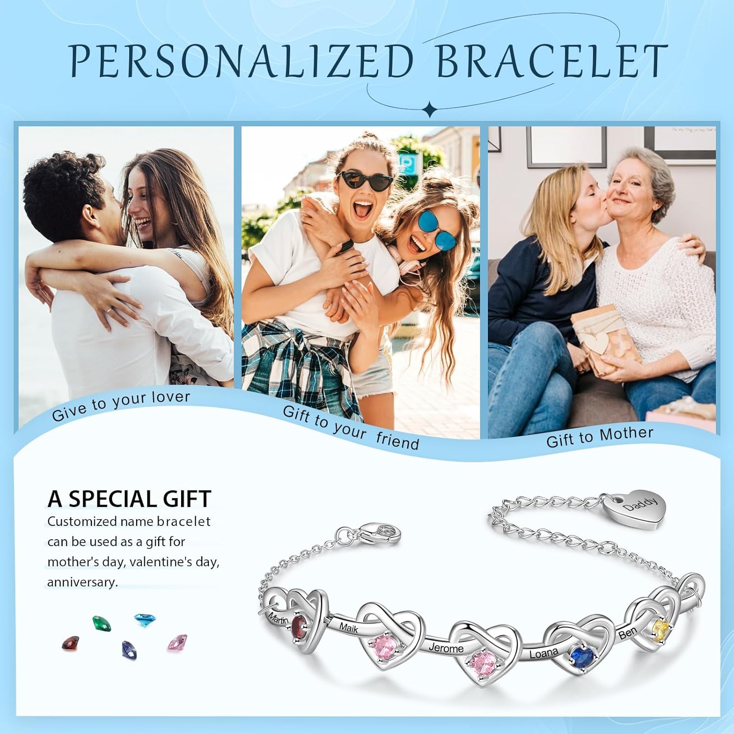ROSI Personalized Birthstone Heart Charm Bracelet with 2-6 Custom Names Text Mother's Day Birthday Christmas Gift for Women Customizable Jewelry