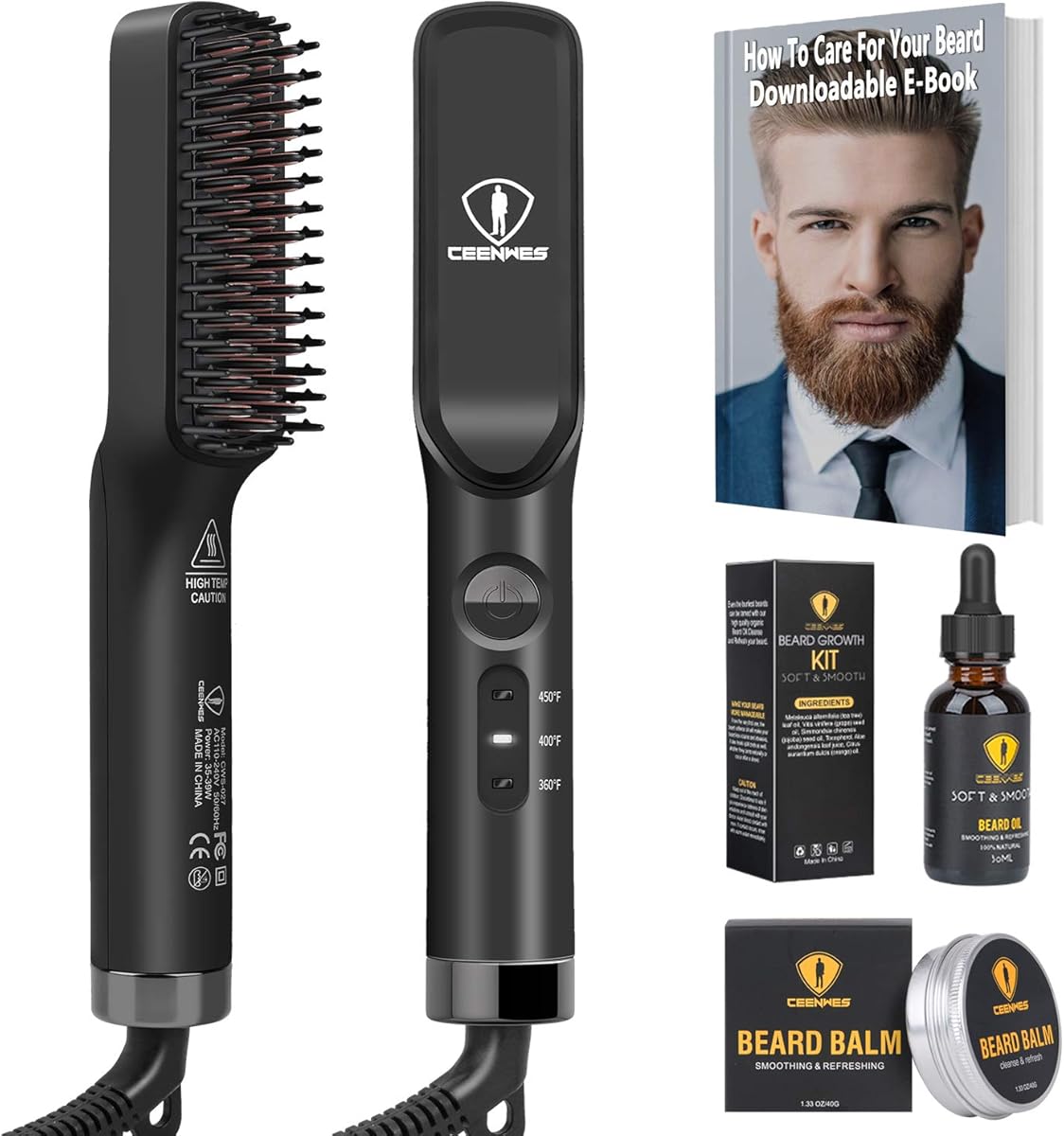 Ceenwes 3 in 1 Professional Beard Straightener with Beard Oil & Balm, Portable Hair Straightener Brush for Men & Women