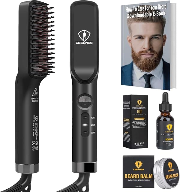 Ceenwes 3 in 1 Professional Beard Straightener with Beard Oil Beard Balm Portable Hair Straightener Brush Perfect Men gifts for Hair Styling Mens Beard Straightening Comb Gift for Men & Women