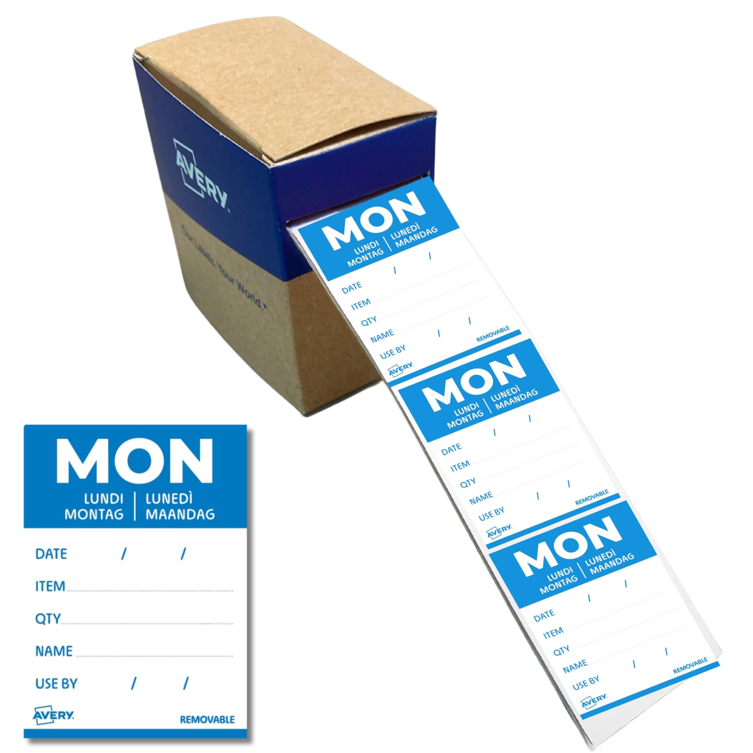 Avery Removable, Hand Writable, Detailed Food Day Labels, Strong Adhesive, 40 x 56 mm, Monday, Blue, 500 Labels, Preprinted Design (DLDMONREV-500) — image 1