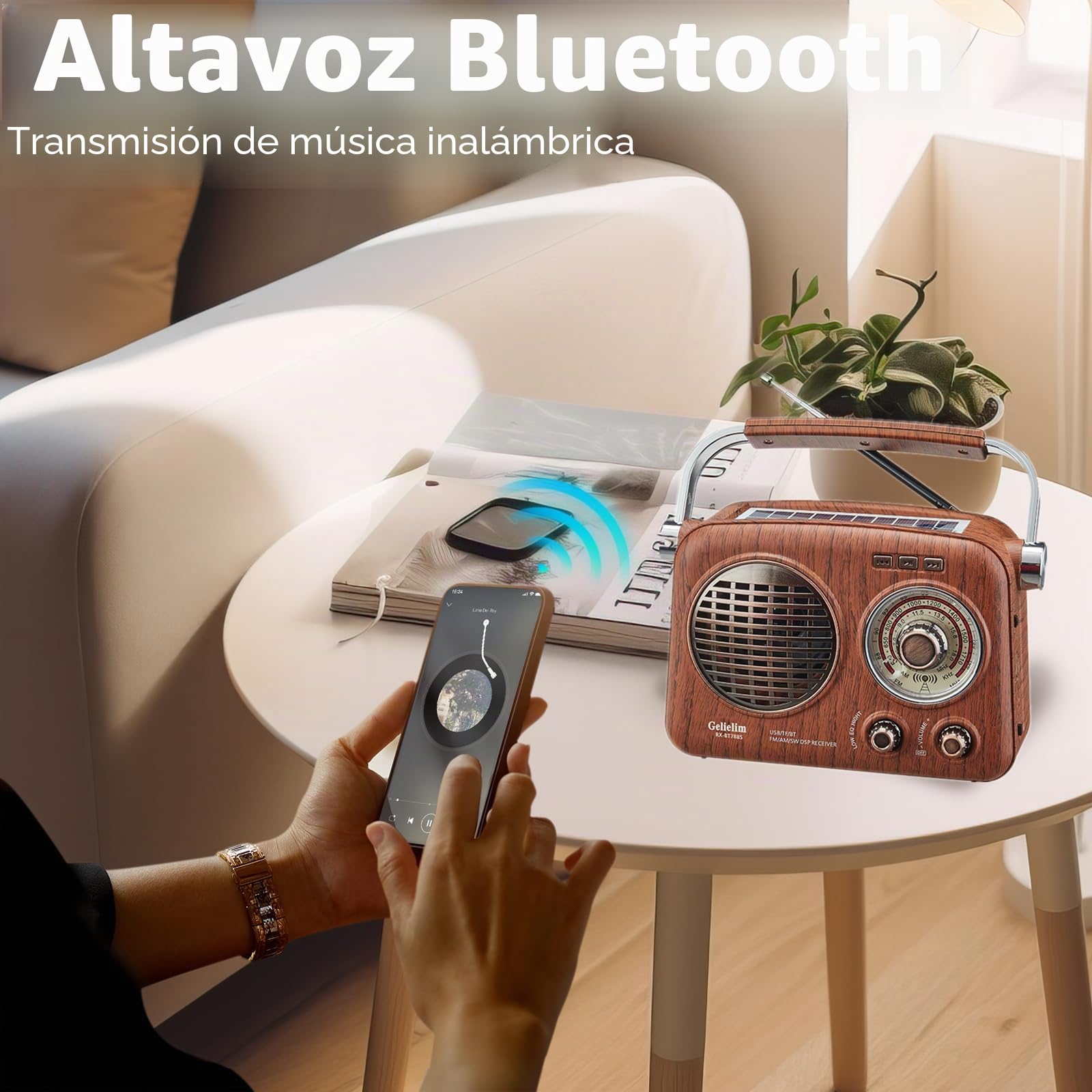Gelielim Radio retro portátil AM/FM con Bluetooth, recargable/solar/batería, compatible con tarjeta TF/USB, linterna de emergencia