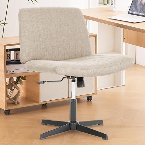 Criss Cross Chair, Cross Legged Office Chair Armless Vanity Chair with Back, Wide Desk Chair with No Wheels Swivel Height Adjustable, Fabric Comfy Computer Chair for Home Vanity Desk Office, Beige