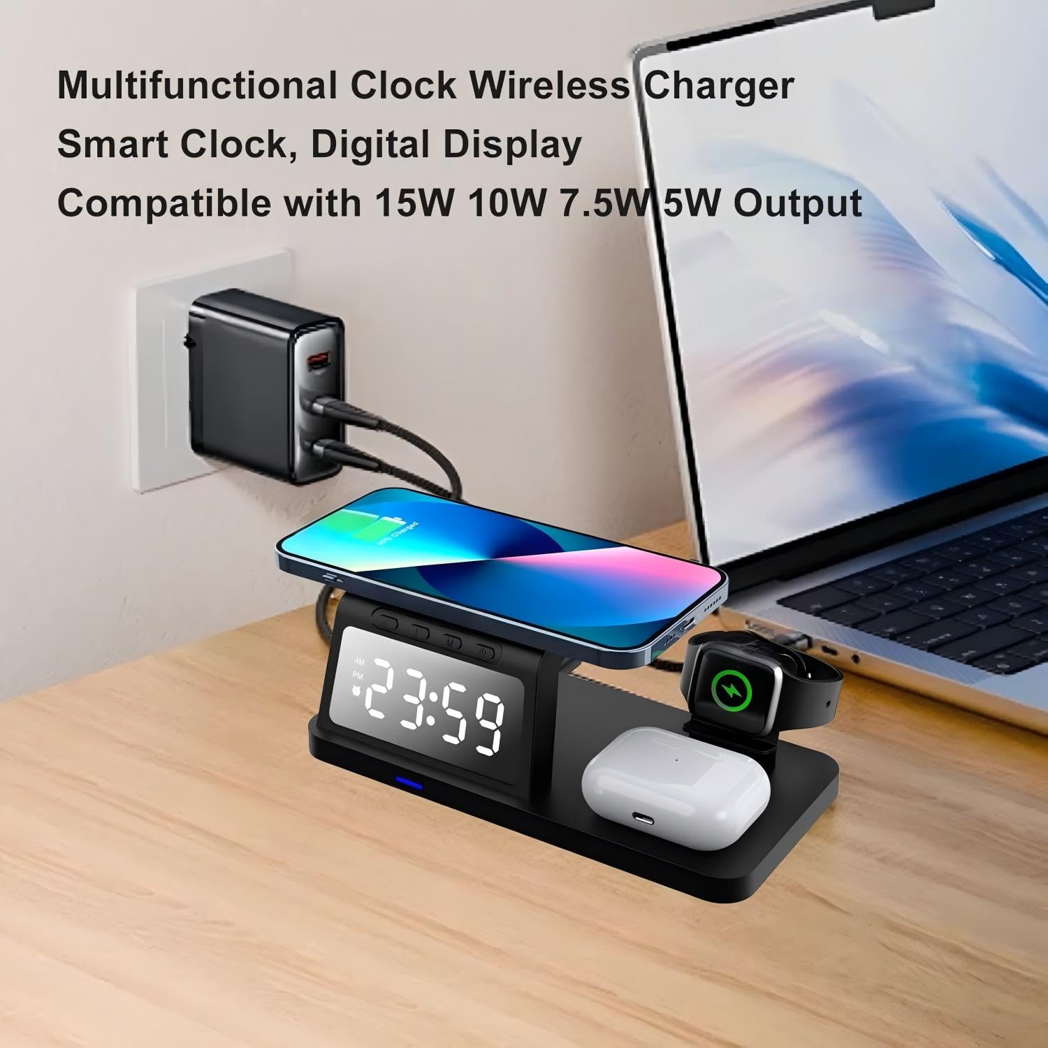 Caricabatterie Wireless Stazione di Ricarica Induttiva 3 in 1 Sveglia per Telefoni Cellulari Smartwatch Cuffie, Caricabatterie Wireless Compatibile con Potenza in Uscita 15W