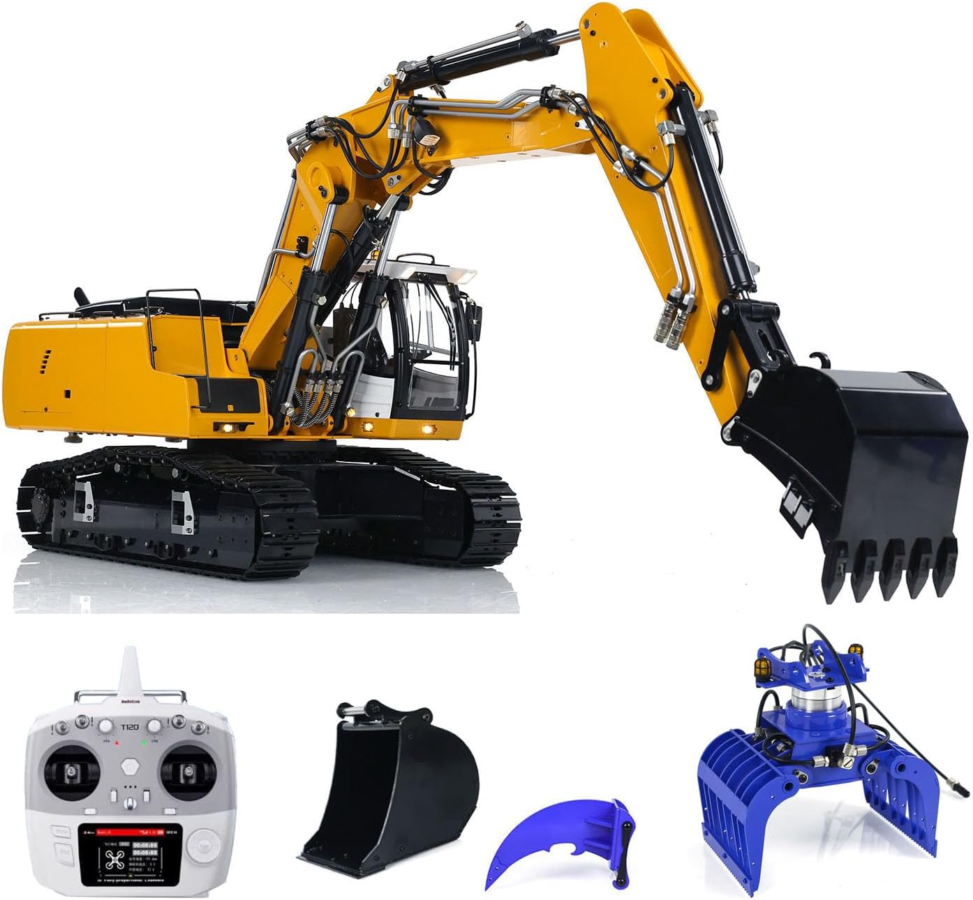 Hydraulic RC Excavator Model 1/14 946-3 10CH 3 Arms Tracked Metal Ripper Grab Bucket AT9S Remote Control RC Hydraulic Heavy Machine(Yellow)