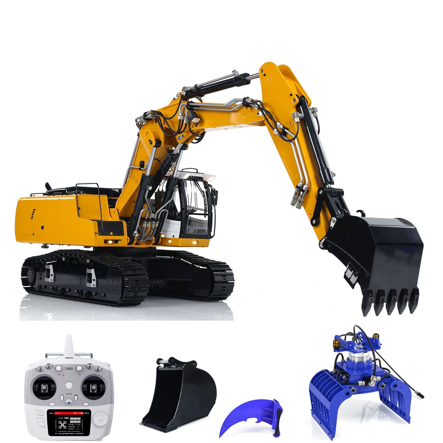Excavadora hidráulica RC modelo 1/14 946-3 10CH 3 brazos de metal con orugas AT9S control remoto RC máquina pesada hidráulica (amarillo)
