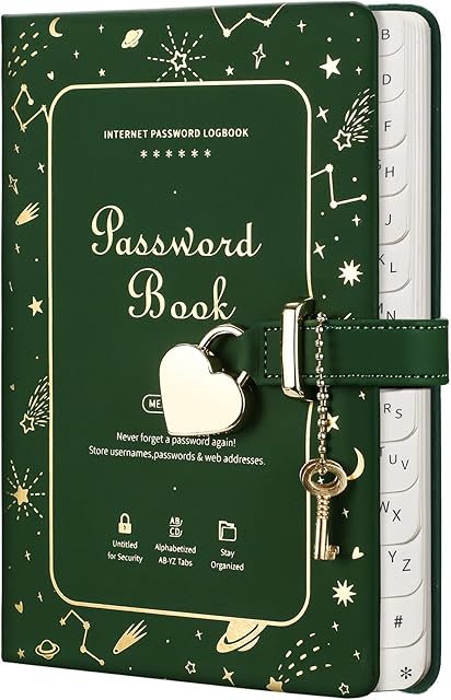 Password Book with Alphabetical Tabs- RETTACY Internet Address and Password Organizer Logbook with Heart-Shaped Lock 120gsm Paper, Pen Loop, Inner Pocket,2 Bookmarks,13.5X 19cm (Green & Gold)