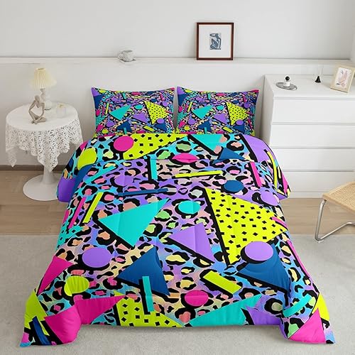 Juego de edredón con estampado de leopardo, tamaño queen, colorido, piel de animales salvajes, juego de ropa de cama vintage de los años 80 y 90