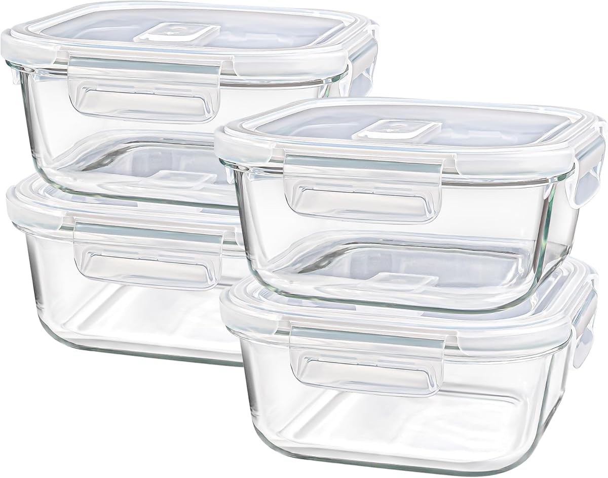 Sandwich Containers/Box for Lunch, 24 oz Freezer Safe Borosilicate Glass Food Storage Containers, 3 Cup Square Glass Containers with Lids, Small Glass Freezer Yogurt/Cereal Bowls for Meal Prep, 4 Pack