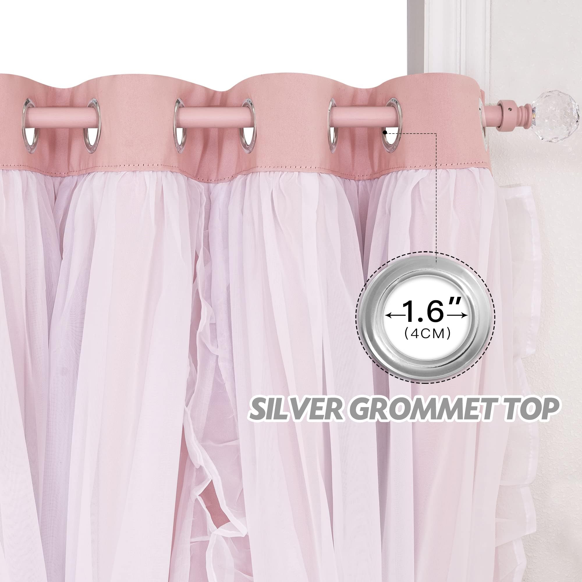PONY DANCE Kinderzimmer Vorhang Mädchen Rosa Gardinen Kurz Blickdicht | 2er Set H160 x B140cm, Doppellagige Gardinen mit Tüll-Rüschen, Thermovorhang Hitzeschutz, mit Ösen, für Schlafzimmer