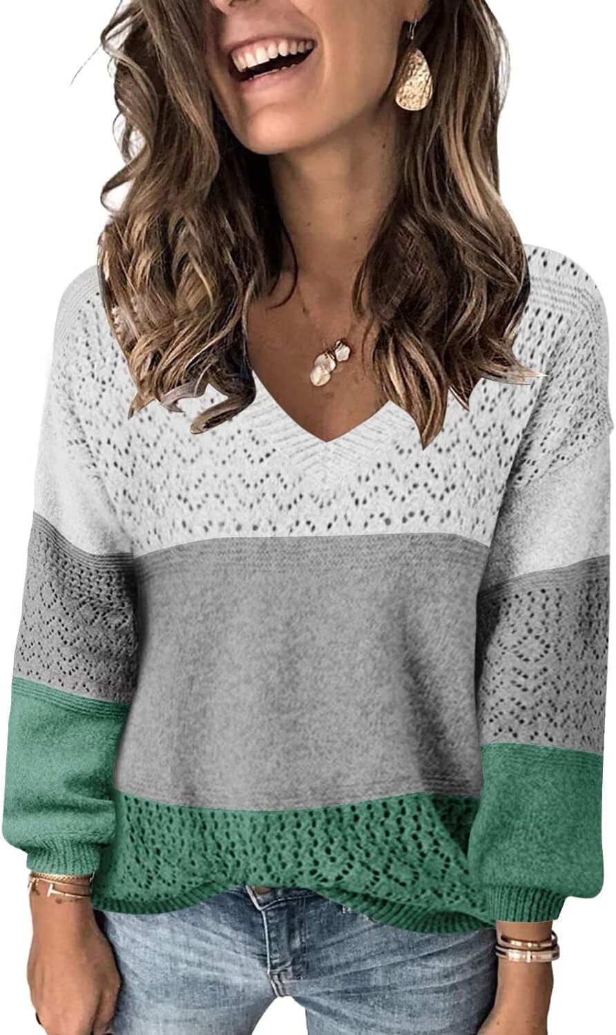 FEKOAFE Womens Sweaters 2025 Fall V Neck Long Sleeve Hollow Knit Pullover Sweaters for Women