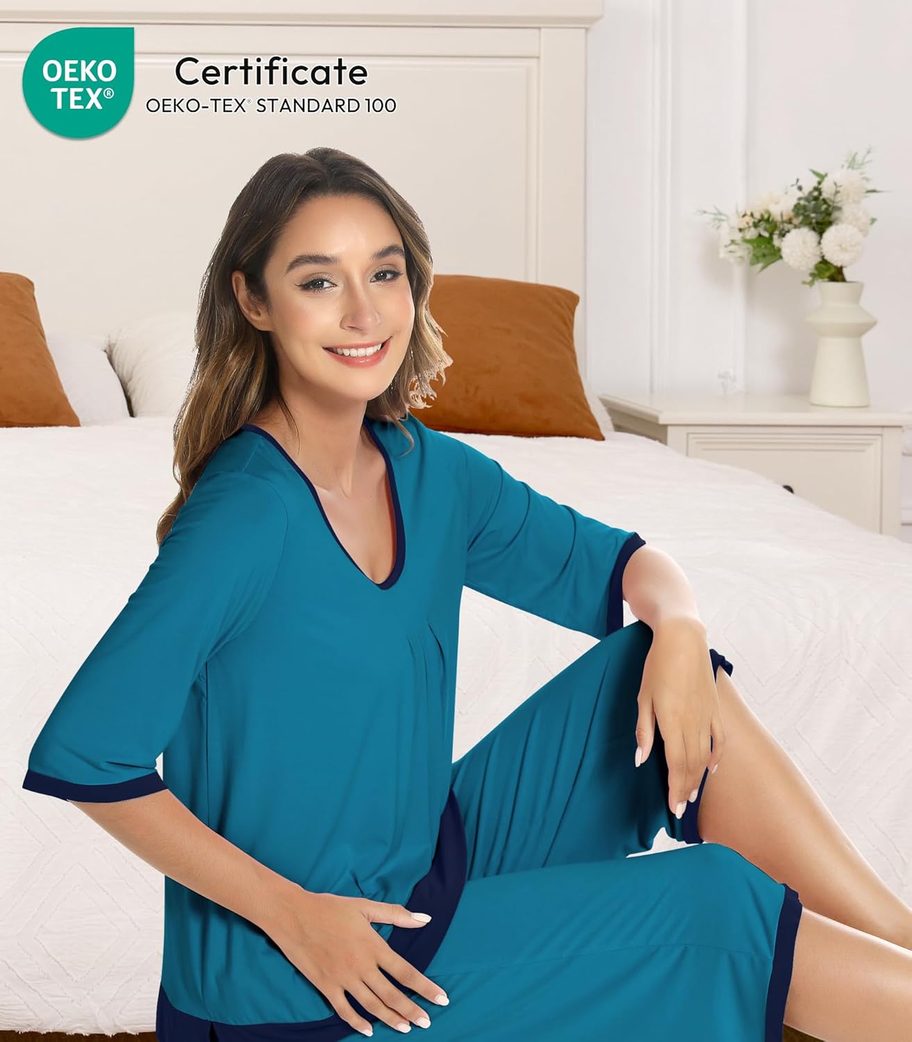 NACHILA Pajamas for Women-Viscose Made from Bamboo, Soft 3/4 Sleeve Pjs Summer Capri Pants Pajamas Set Cooling Sleepwear - Image 3