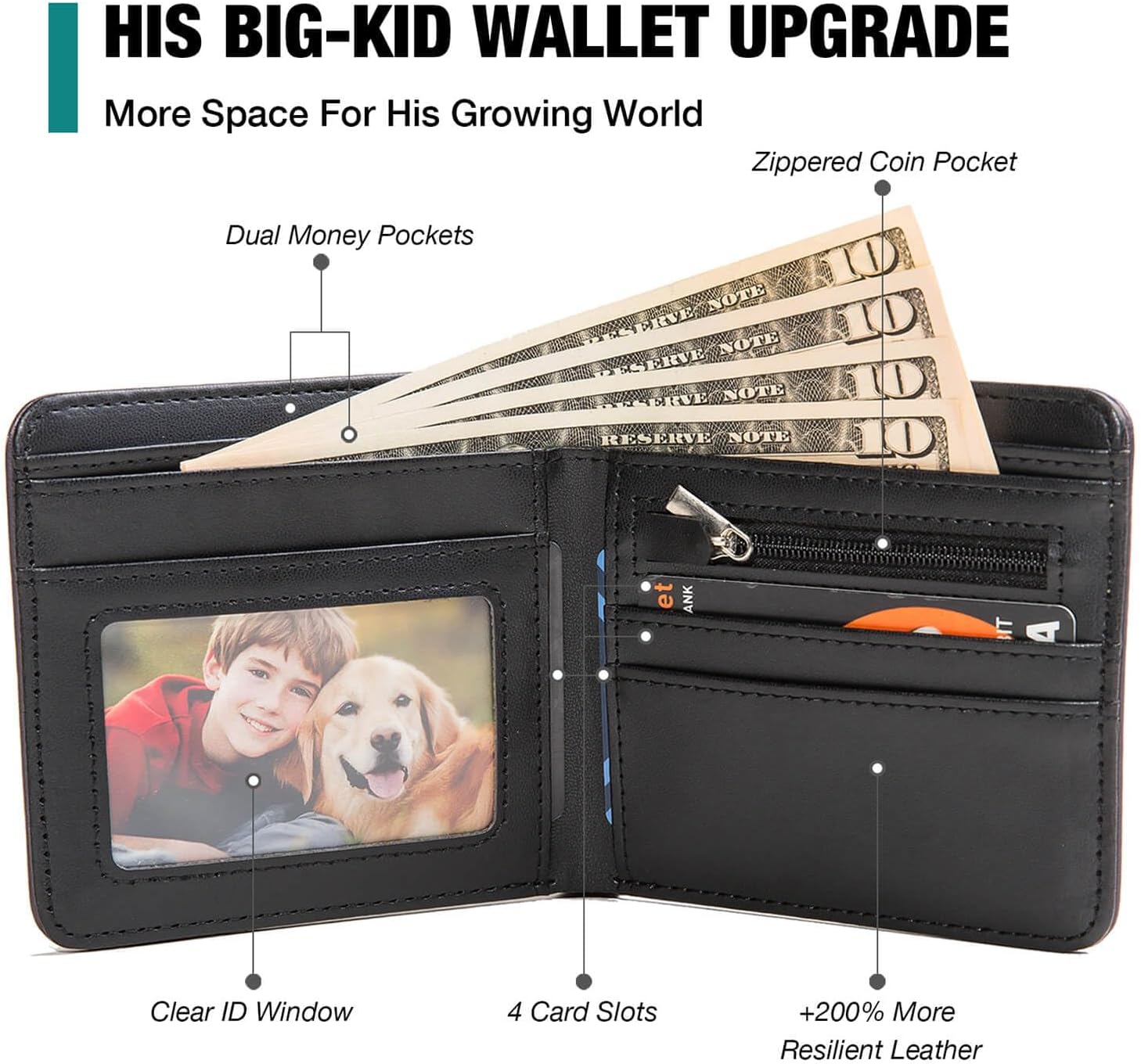 Kids Wallet for Boys, Cool Teen Boys Wallet for Kids Ages 4-5-6-7-8-9-10-11-12-13-14-15-16, Leather Wallet for Teen Boy, Bifold Bi Fold Football Teenage Teenager Youth Gift Christmas Birthday - Image 4