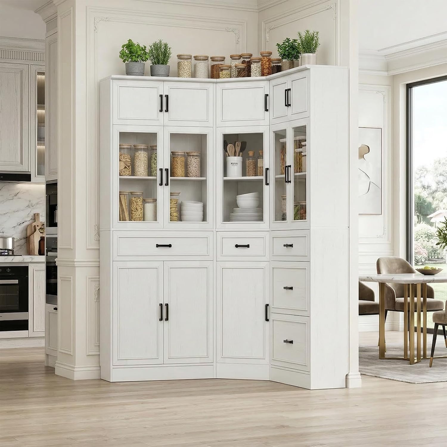 Unikito 80" Tall Corner Cabinet, Freestanding Farmhouse Corner Pantry Cabinet with Adjustable Shelves, Tempered Glass Doors, Large Display Bookcase for Living Room, Dining Room, Home Office, White