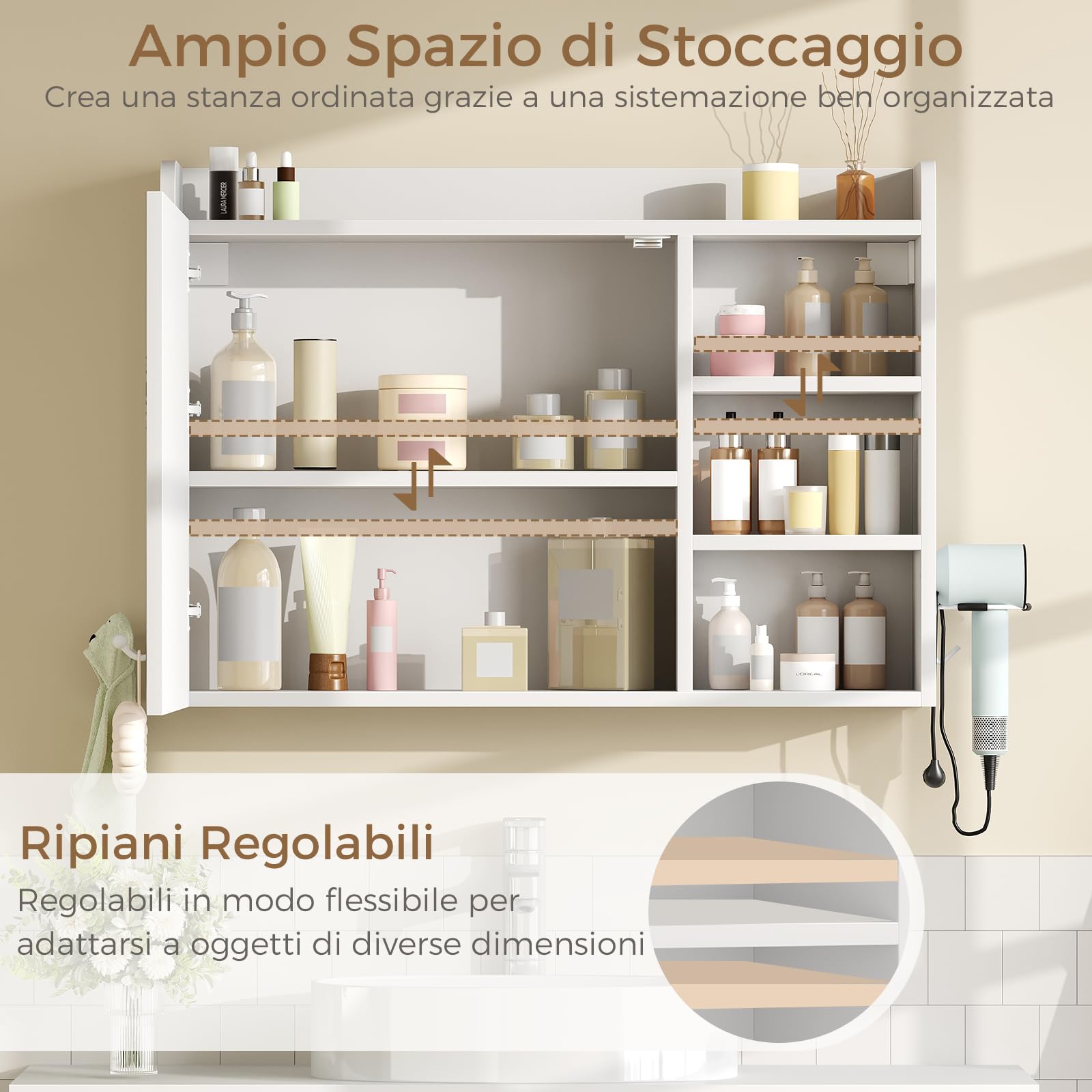 BEWISHOME Specchio Bagno Contenitore con Luci a LED 3 Tonalità Regolabili | Mobile Specchio Bagno Sospeso con Ripiano Regolabile,asciugacapelli e ganci,Bianco,17.5 x 80 x 60 cm EYJG01W