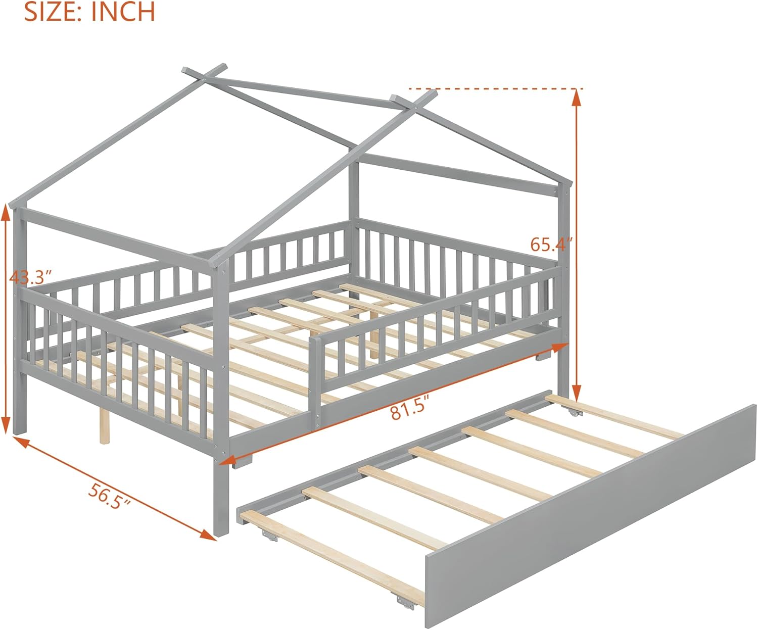 DNYN Solid Wood House Bed with Pull-Out Trundle (Twin Size) for Bedroom/Guest Room, Space-Saving Wooden Bed Frame, Can Be Decorated for Boys/Girls, No Box Spring Needed | House-shaped, Pull-out Trundle, Fence