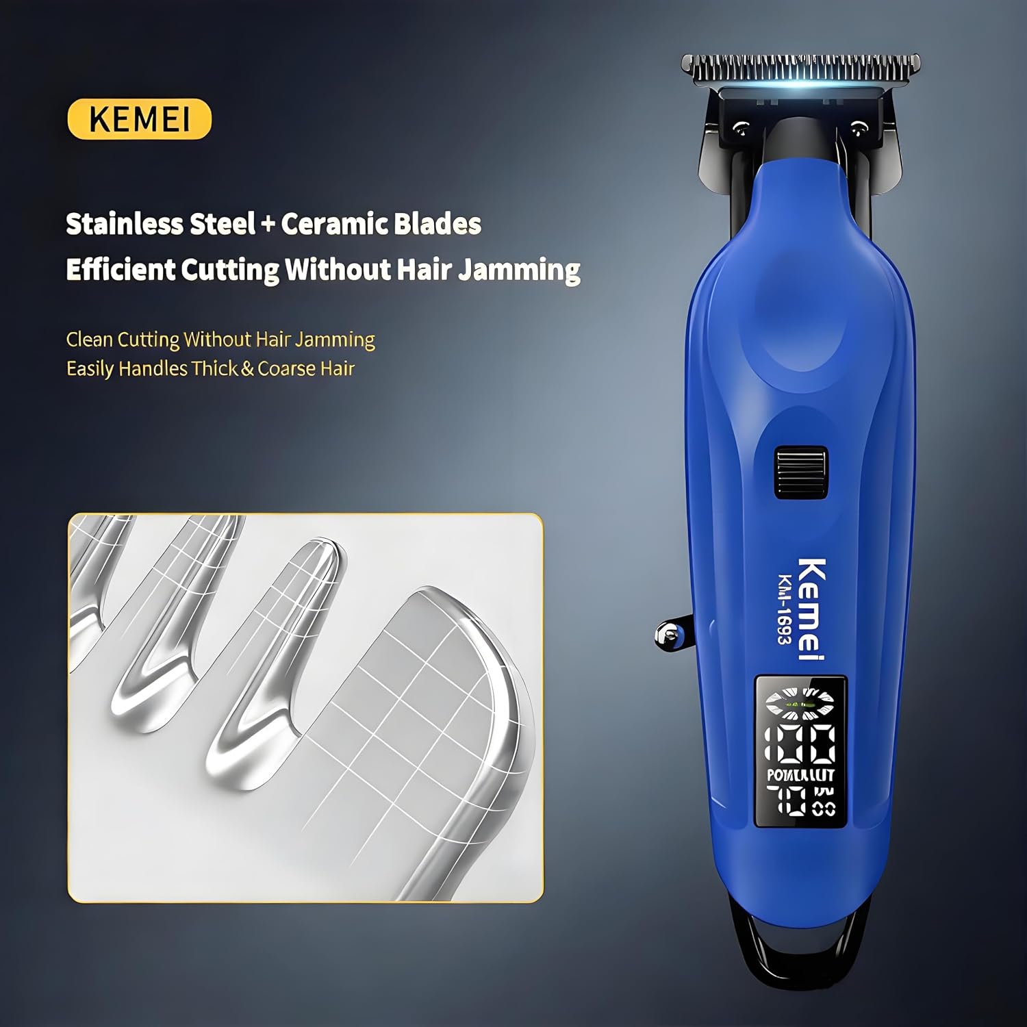 KEMEI Cordless Hair Clipper for Men, Professional T-Blade Hair & Beard Trimmer with Adjustable Speed Motor, Zero Gapped Barber Clipper, LED Display, Guide Combs & Cape, Color Box Packaging