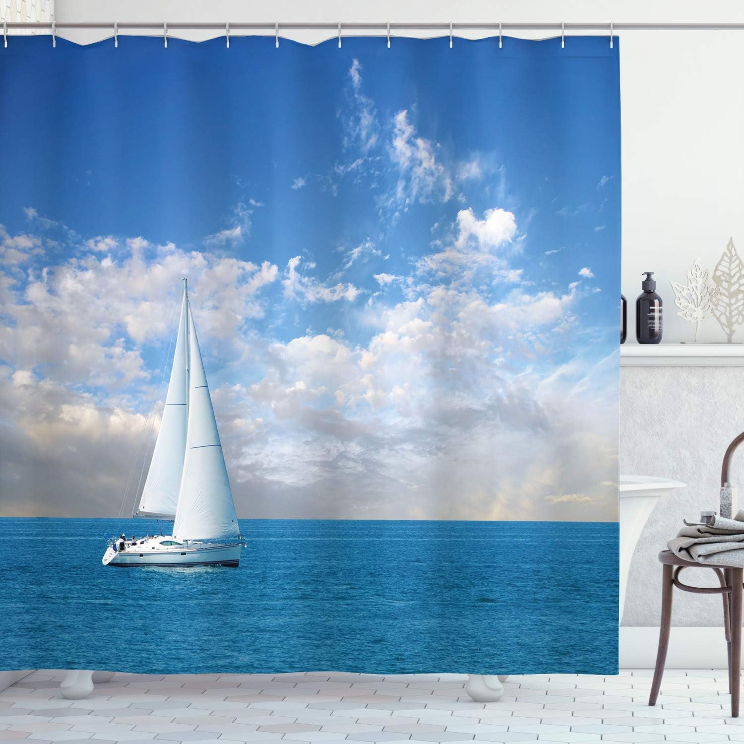Ambesonne Ocean Shower Curtain, Modern Sail Boat on Sea Horizon Cloudy Sky Summer Sports Hobbies Photo Image, Cloth Fabric Bathroom Decor Set with Hooks, 69" W x 84" L, Sky Blue and White